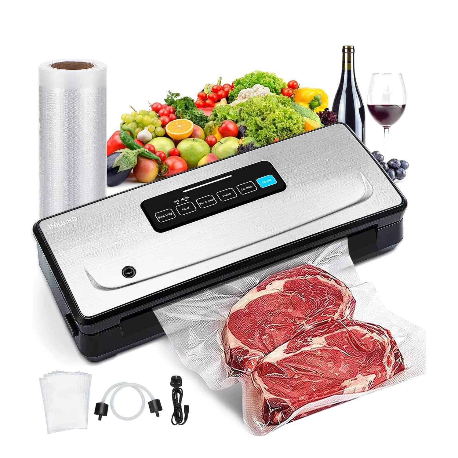Vacuum Sealer Machine Automatic Sealing 85KPa for Food Preservation Dry & Moist Sealing Modes Built-in Cutter Starter Kit Easy Cleaning Stainless Steel Panel Compact Design INK-VS02 EU Plug
