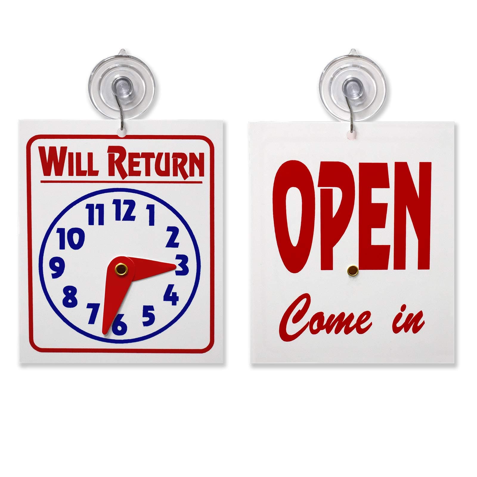 STORE FIXTURES DIRECTDouble Sided "Will Return " Clock and "Open Come in " Sign with Adjustable Clock Hands & Suction Cup, 1 Unit