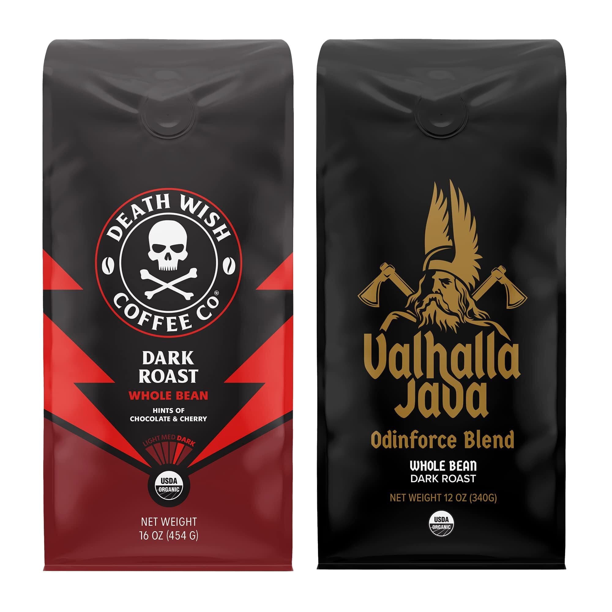 Death Wish Coffee, Dark Roast Whole Bean 16 oz & Valhalla Java Odinforce Blend 12 oz Bundle, USDA Organic and Fair Trade
