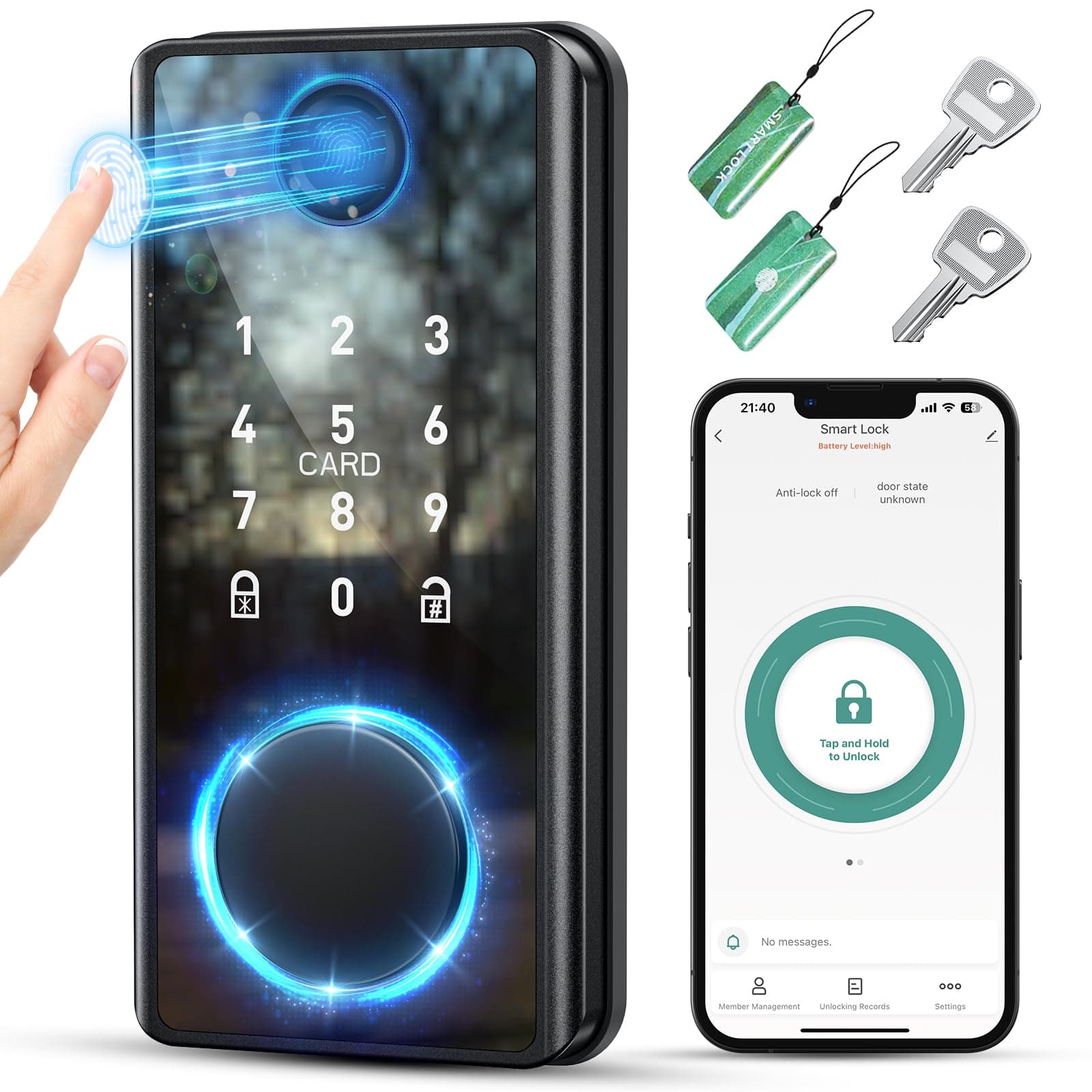 Keyless Entry Smart Deadbolt Lock – Keypad Fingerprint Touchscreen & App Control, Smart Door Lock, Easy Install for Home/Office, Auto-Lock