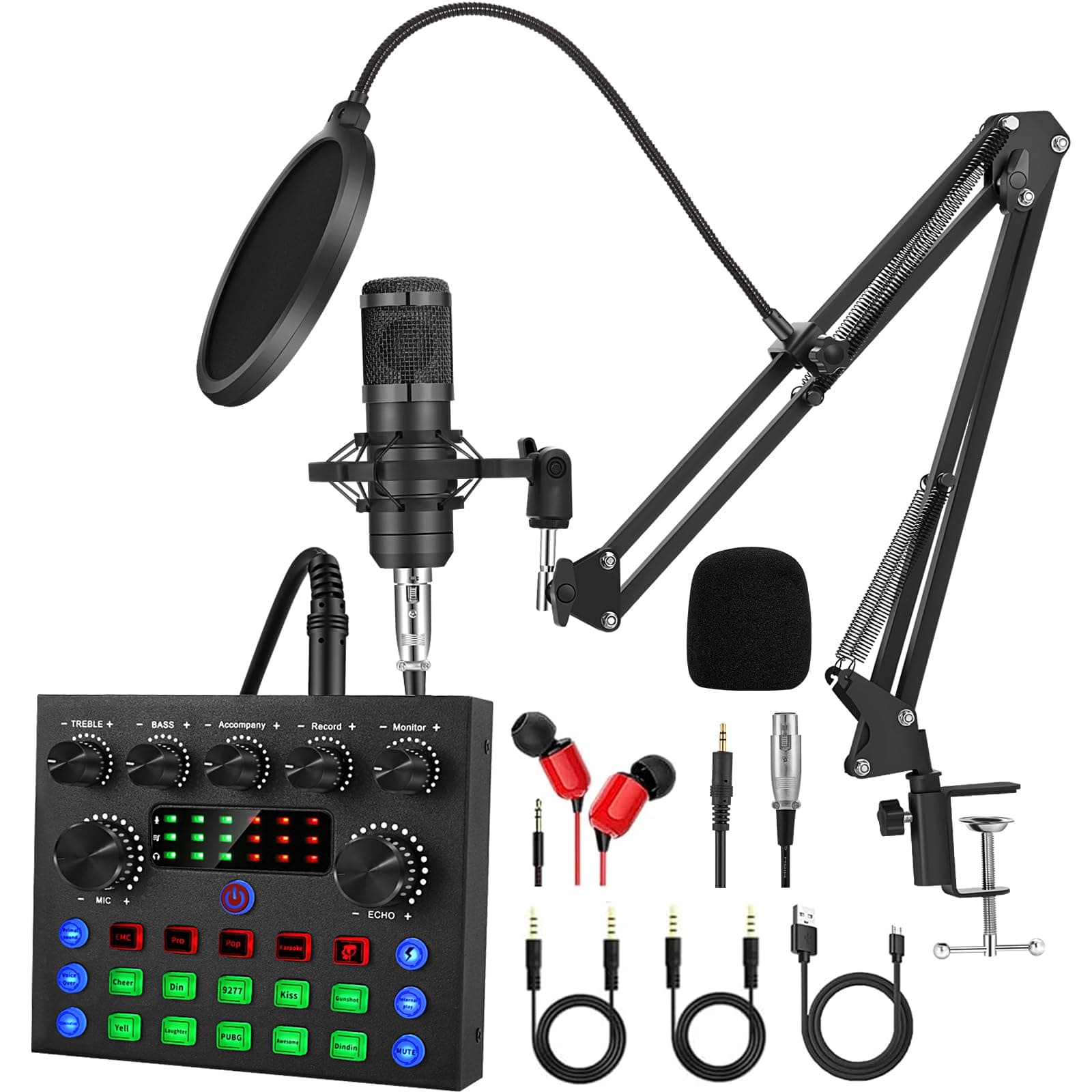 Podcast Equipment Bundle, All-in-One Audio Interface with Studio Condenser Microphone Perfect for Podcasting, Recording, Singing, Streaming and Gaming, PC, Smartphone, YouTube, TikTok(V8S Pro)