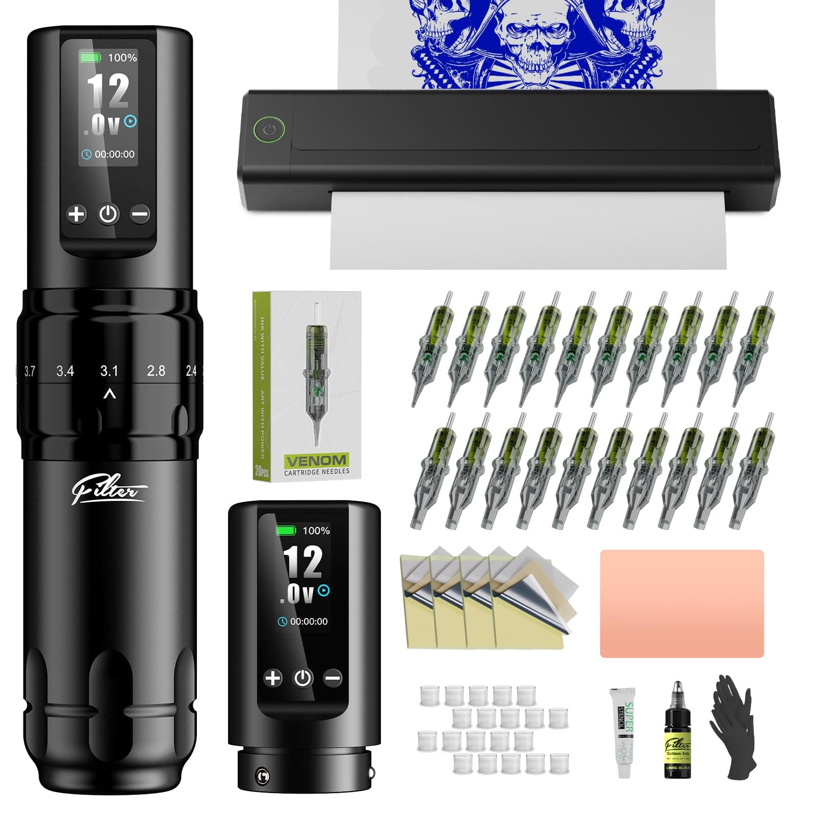 Filter Tattoo Stencil Printer Kit - Printer Machine with 7 Strokes 2.0-4.0mm Tattoo Gun Machine, Extra 1600mAh Power Supply, 20Pcs Tattoo Cartridge Needles for Beginners and Artists