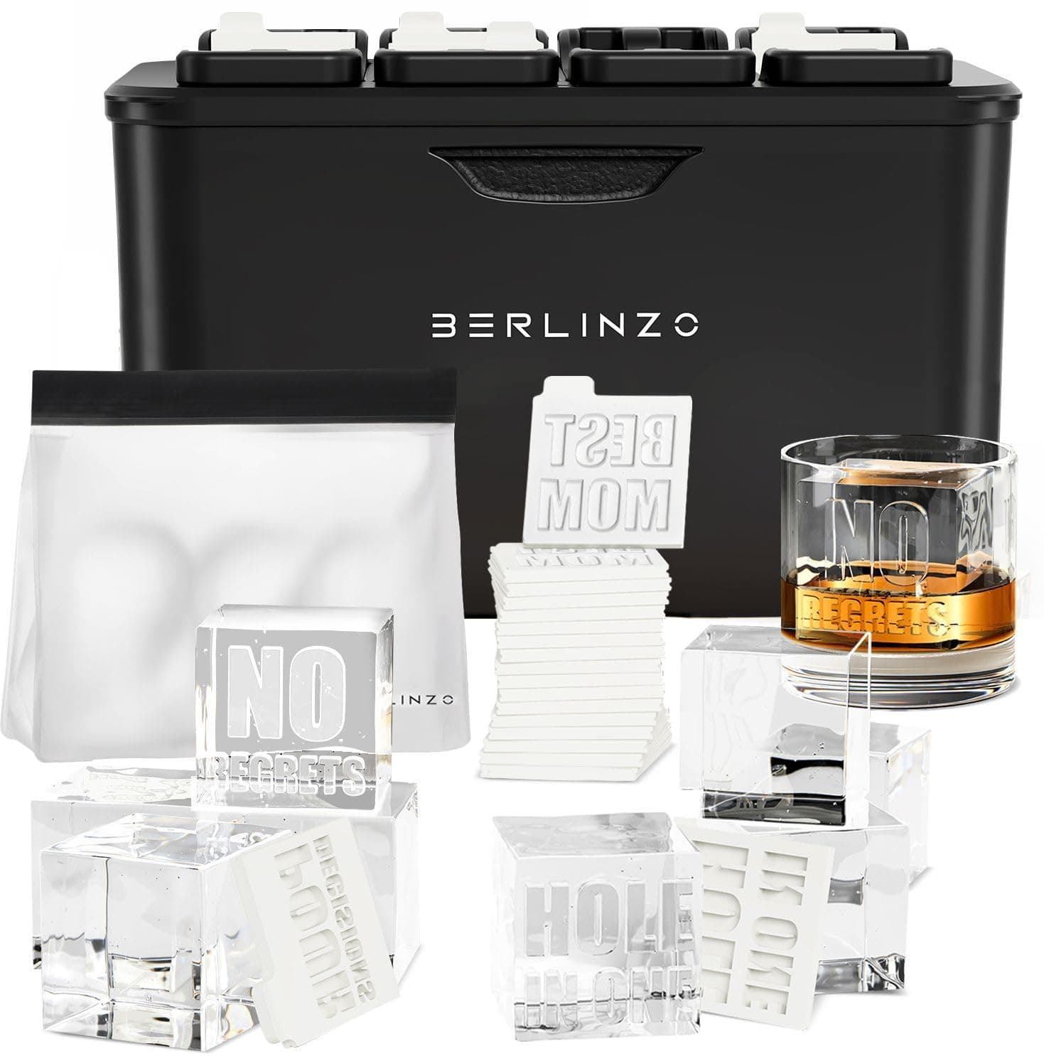 BERLINZO Premium Clear Square Ice Cube Maker - 8 Crystal Clear Ice Cubes for Whiskey Mold - Includes 2 Storage Bags
