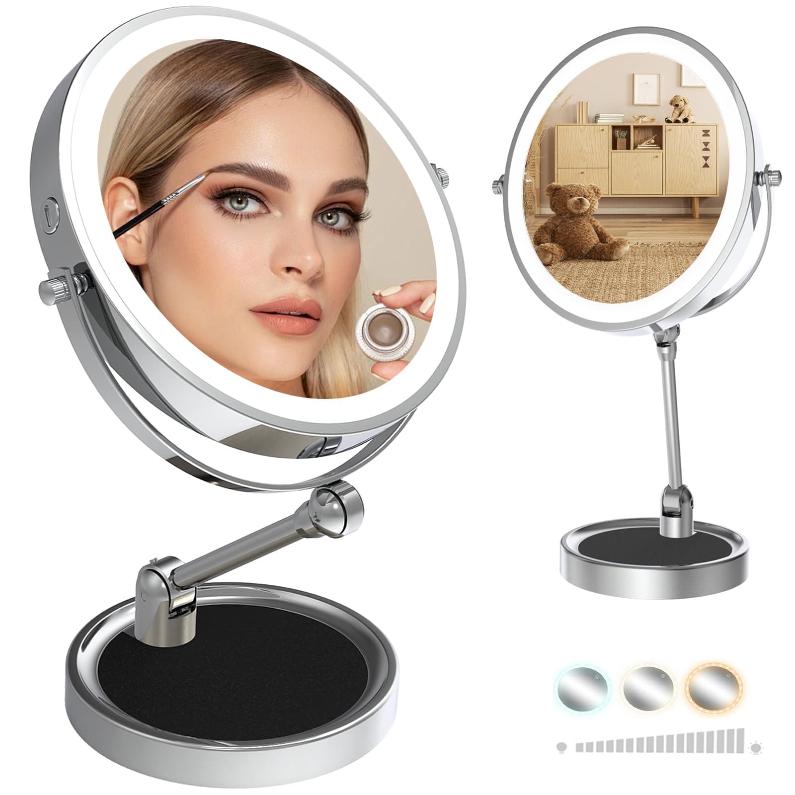 9" Rechargeable Foldable Mirrors 360°Swivel Touch Screen Tabletop Standing Mirror (Chrome)