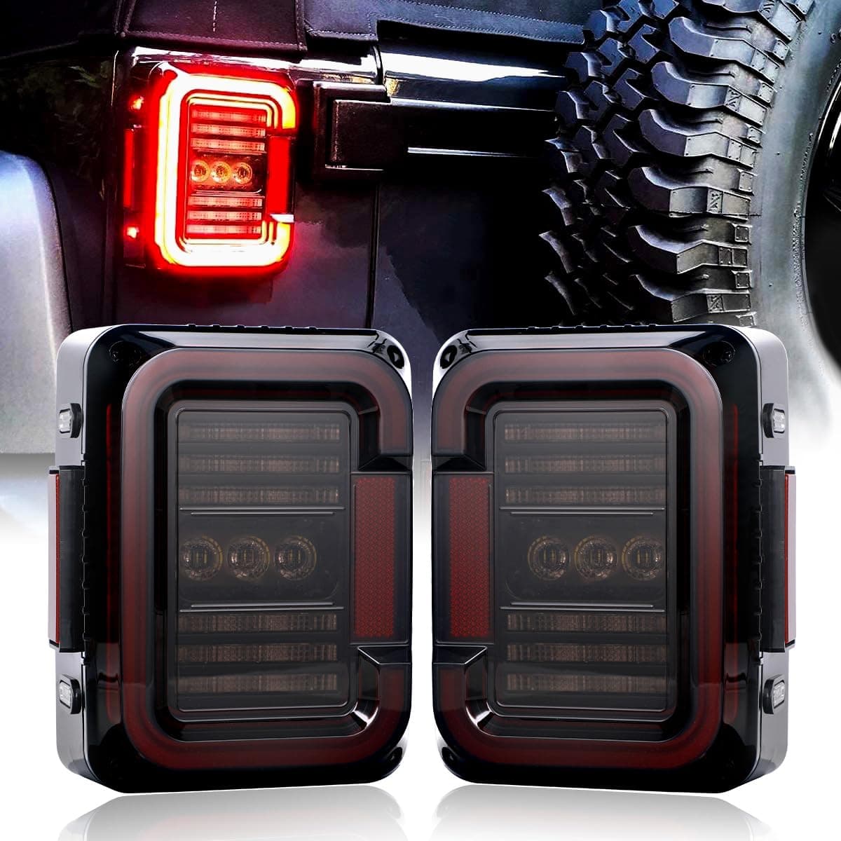 AMONLY LED Tail Light Compatible with Jeep Wrangler JK JKU 2007-2018, Smoked Lens 20W Reverse Lights Brake Rear Back Up Lights Daytime Running Lights, Tail lights for vehicles