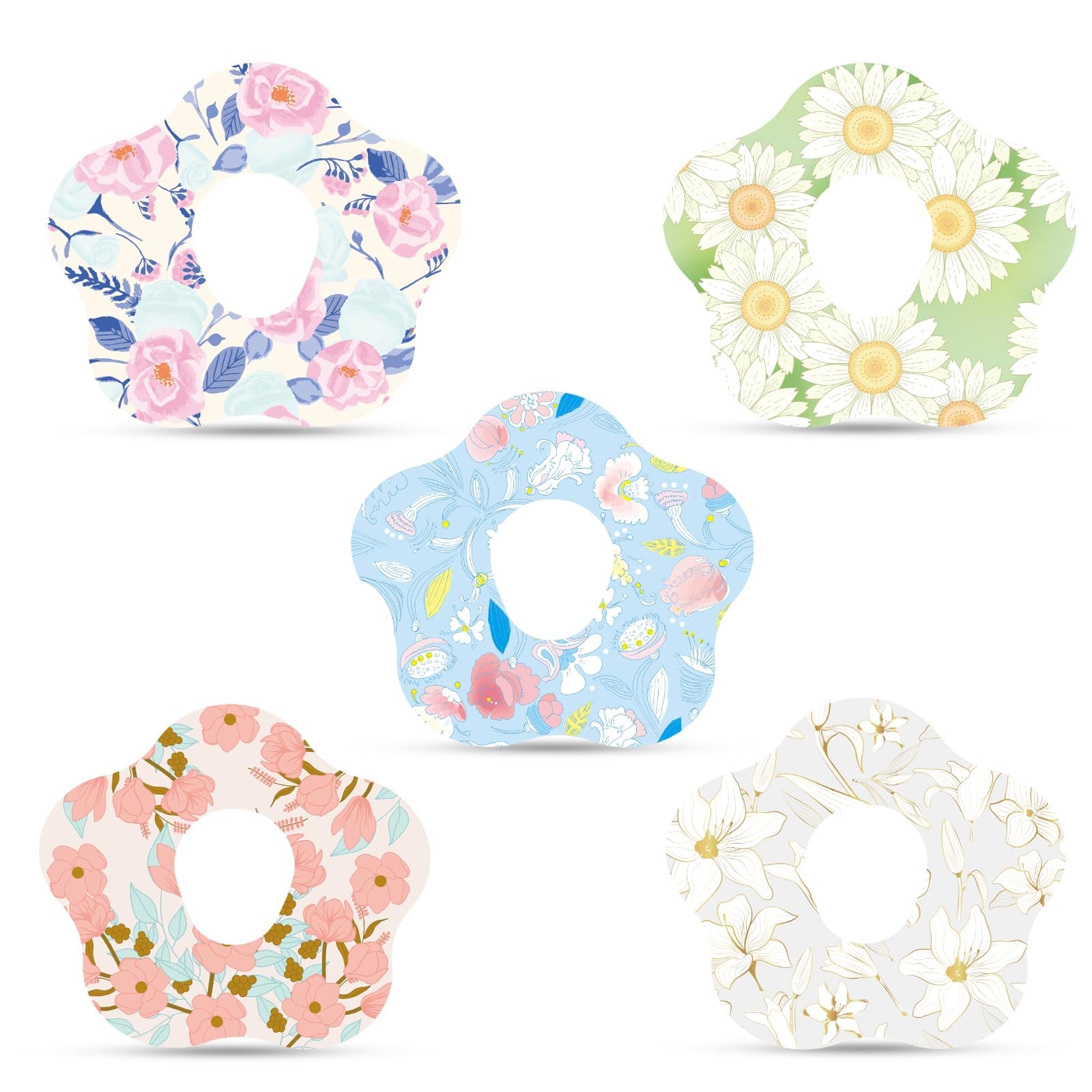 25pcs Adhesive Patches for Dexcom G7, Waterproof CGM Over Patch with Hole, Sensor Monitor Covers Breathable, Flower Medical Tape Sticker for Dexcom Accessories(5 Styles)