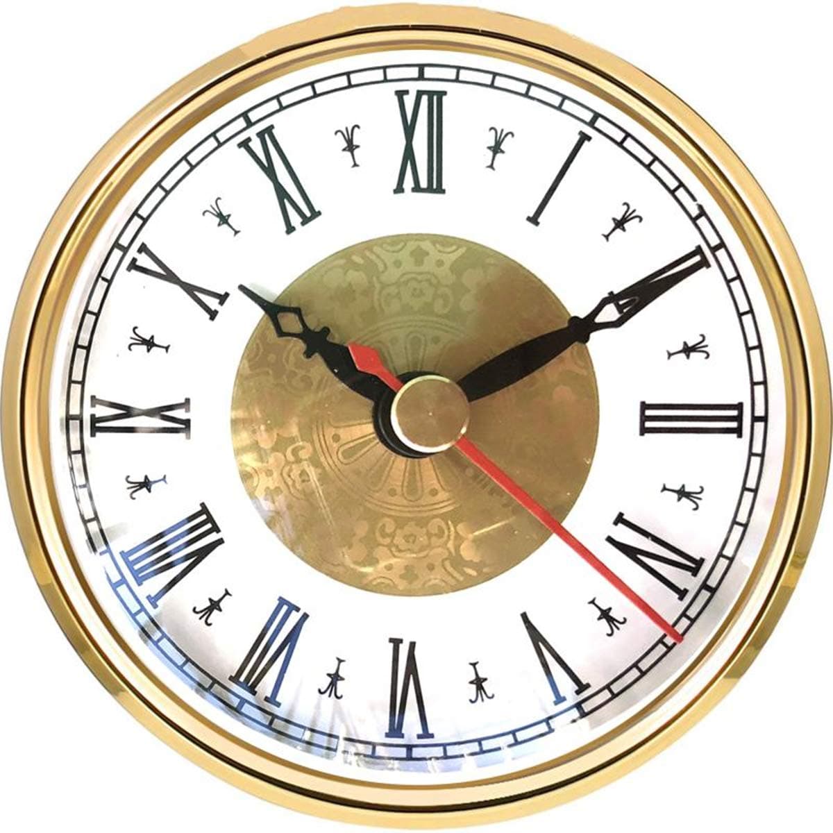 HILLHOME Mini Quartz Clock Insert 3-1/8 Inch (80 mm) Round Quartz Movement Miniature Clock White Dial Gold Trim Roman Numerals Red Second Hand, Fit 3.0 inch (76 mm) Diameter Hole