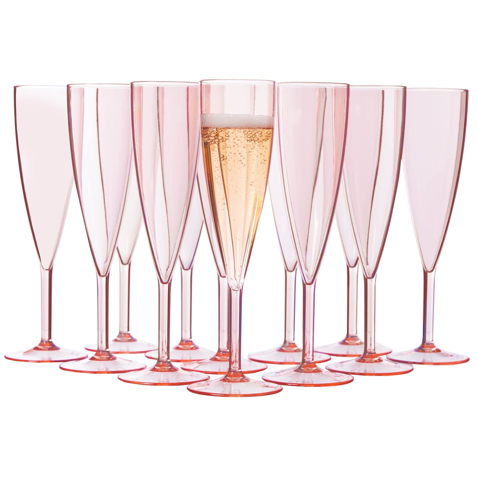 Plastic Reusable Champagne Flute (Set of 12) Rose Pink 5oz Stems | BPA-Free, Shatterproof, Made in USA | Top-Rack Dishwasher Safe