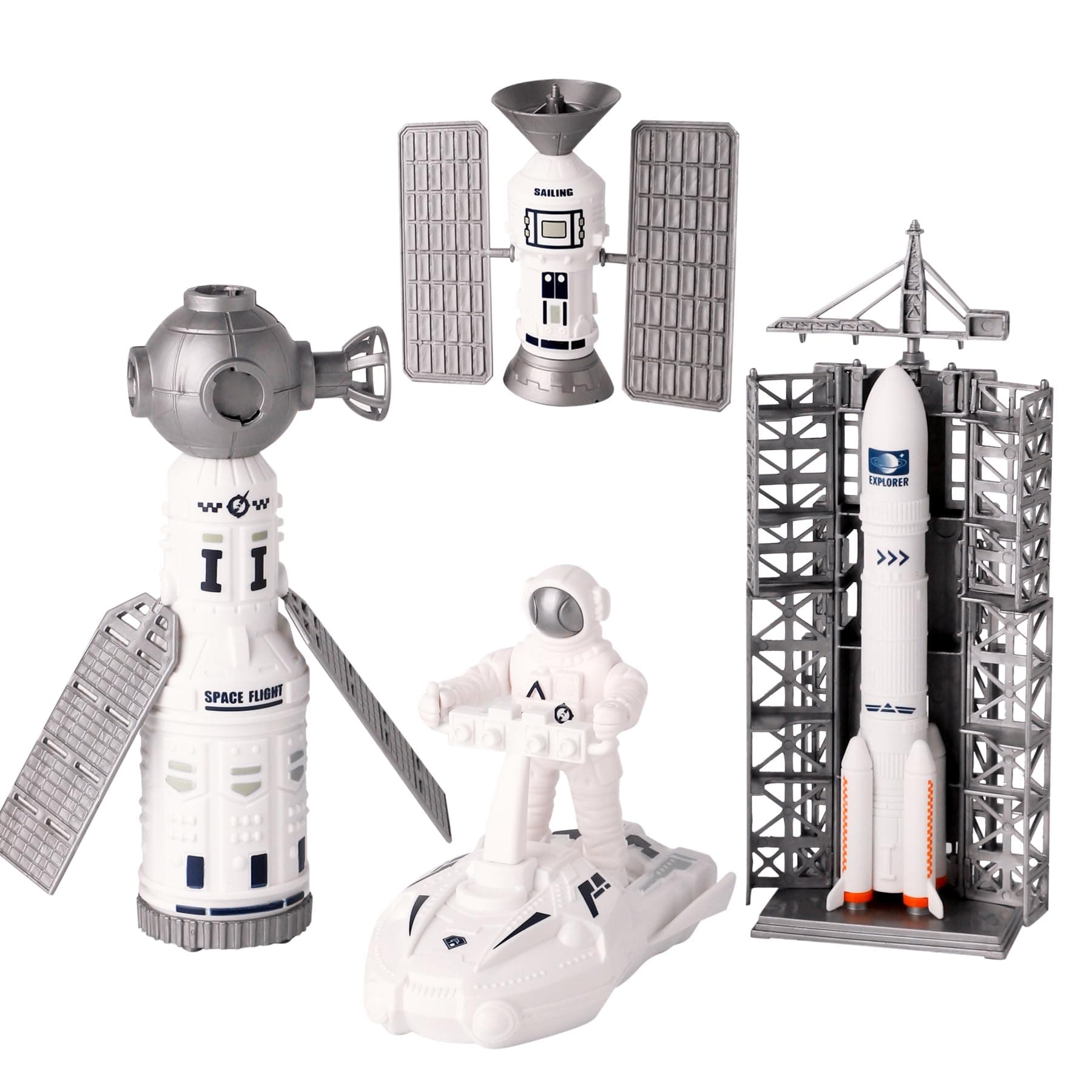 Wbzle Space Toy Kit, Spaceship Toys Set with Astronaut Figure, Double Satellite, Pointy Rockets and Launch Towers, Space Scooter, Astronaut Exploration Gift for Exploring Boys and Girls
