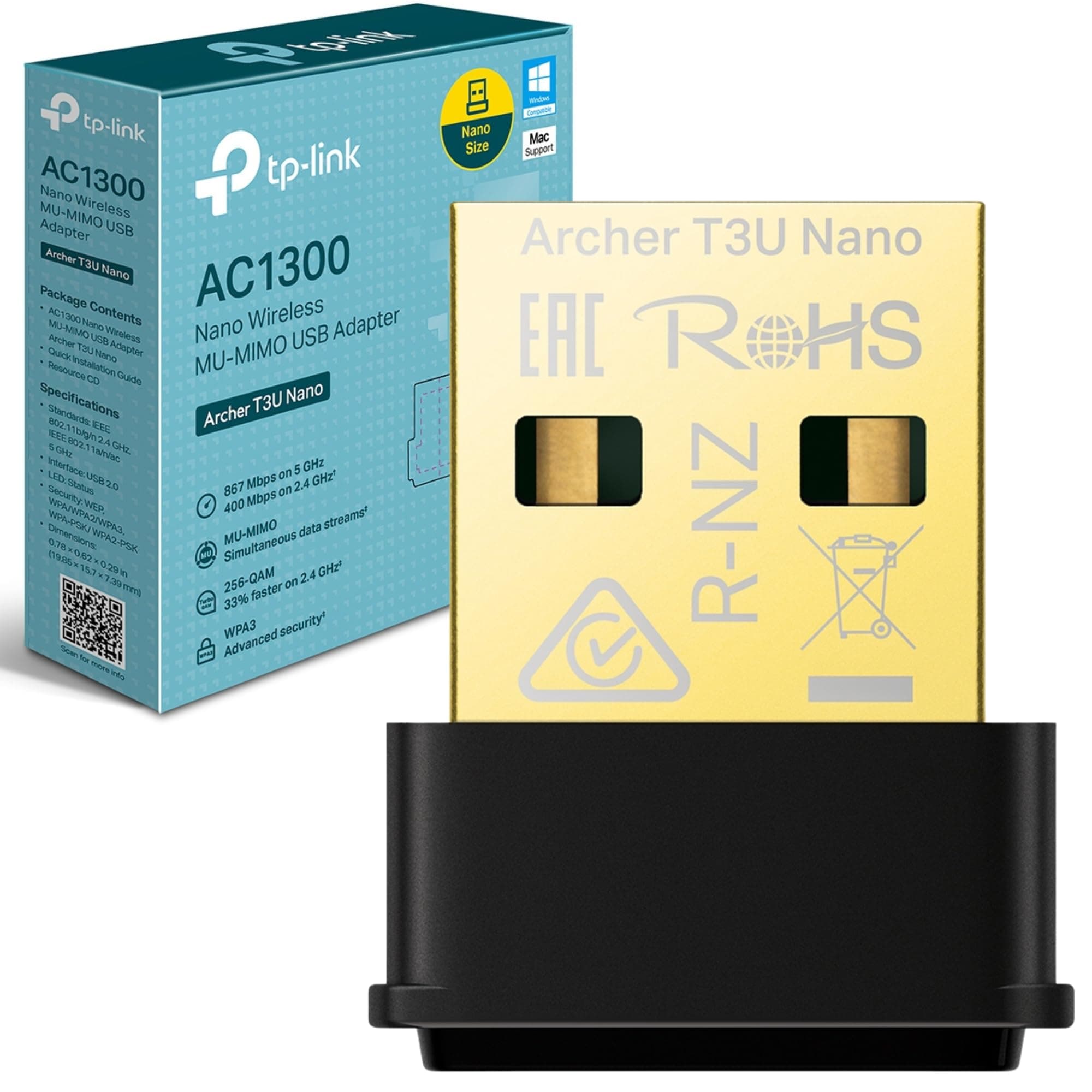 AC1300 Nano Wireless MU-MIMO USB 2.0 Adapter, Dual-Band, Miniature Design, Supports Windows 10/8.1/8/7, Mac OS 10.15 and earlier, Highly Secure WPA3, Easy Setup (Archer T3U Nano)