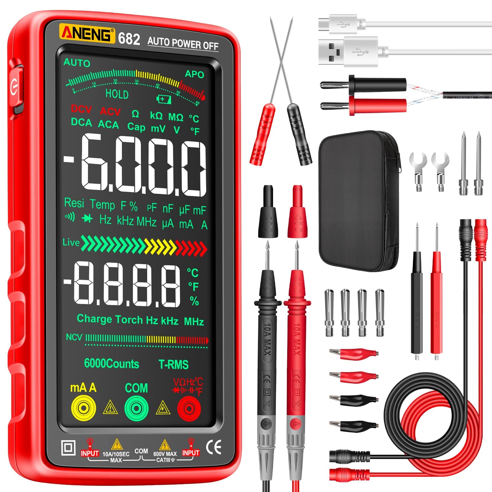 ANENG Multimeter Tester Color LCD TRMS Auto-Ranging 6000 Counts Voltmeter Smart Rechargeable Meter Measures AC/DC Current,NCV,Voltage,Ohm,Amp,Resistance,Diodes,Countinuity,Capacitance,Temperature