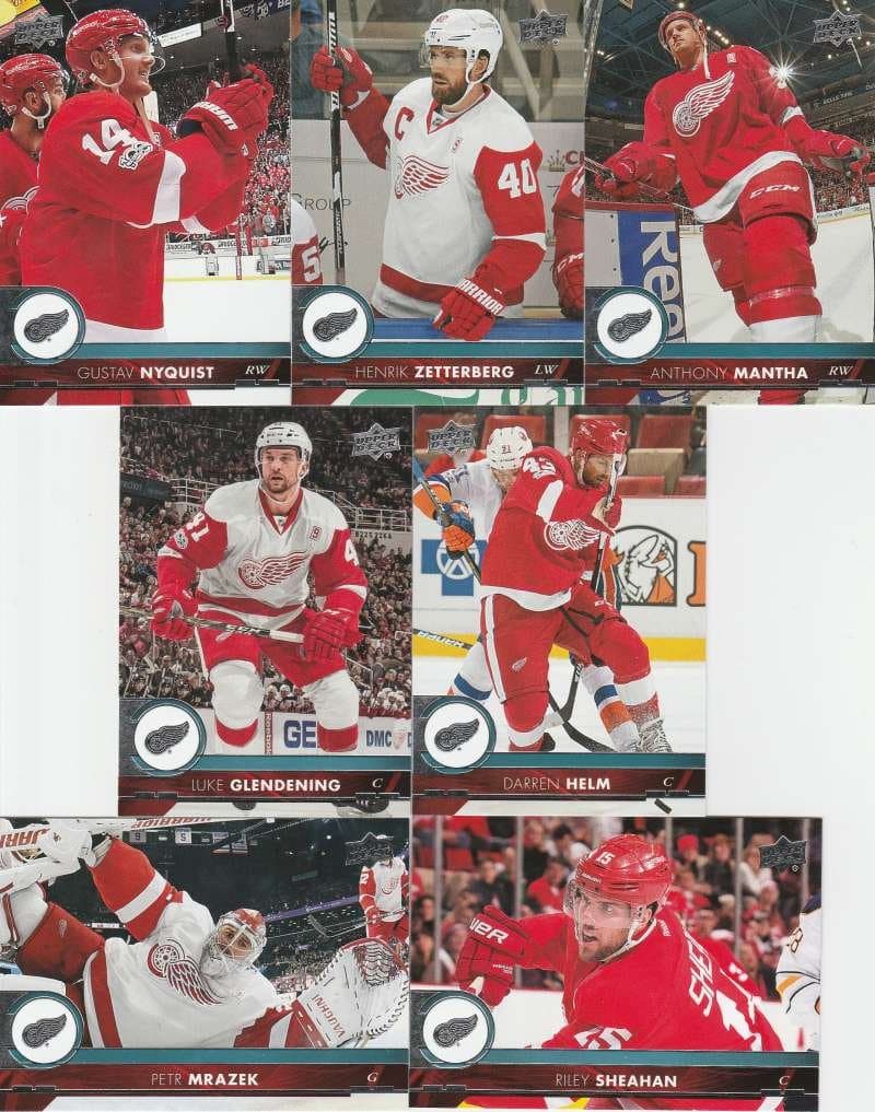2017-18 Upper Deck Complete Detroit Red Wings Team Set of 13 Cards: Anthony Mantha(#65), Gustav Nyquist(#66), Henrik Zetterberg(#67), Luke Glendening(#68), Petr Mrazek(#69), Riley Sheahan(#70), Darren Helm(#71), Trevor Daley(#313), Jim Howard(#314), Tomas Tatar(#315), Frans Nielsen(#316), Dylan Larkin(#317), Mike Green(#318)