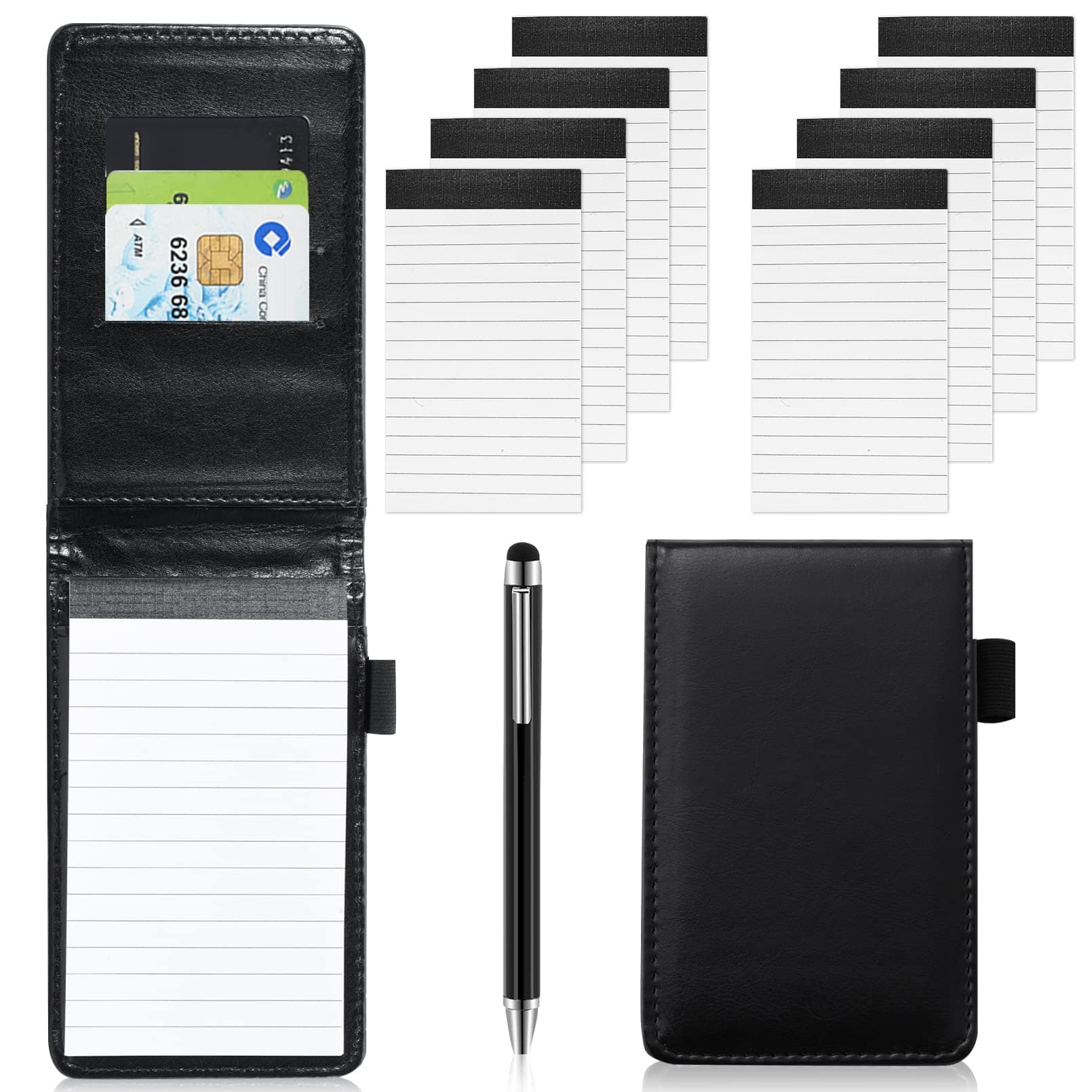 - 10Pcs Mini Pocket Notepad Holder Set,Durable Cover,Refillable,Leather Pocket Notebook with Pen,8Pcs 3"x5" Memo Book Refills with 30 Lined Paper Per Note Pad,Leather Notepad Pocket Business Notebook