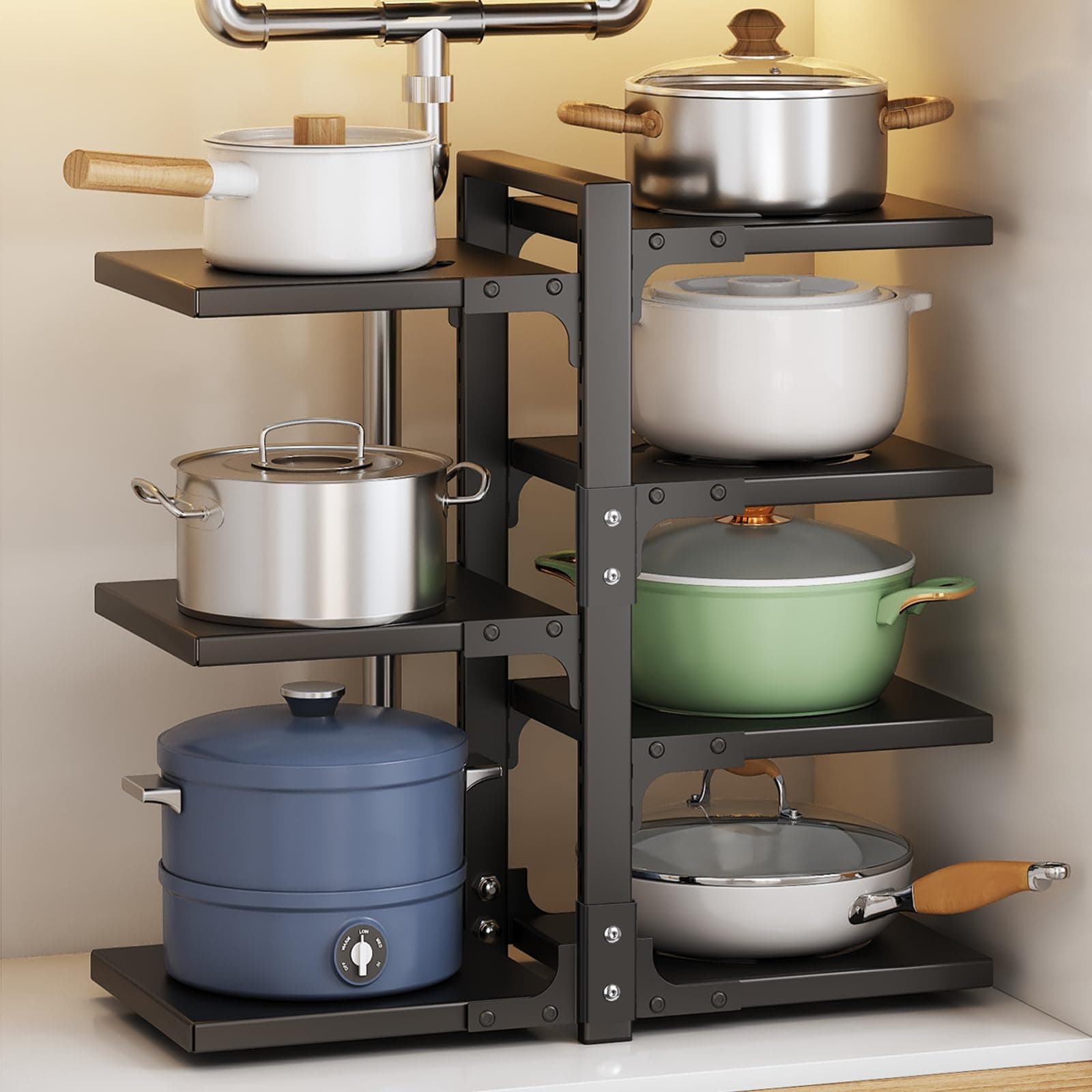7-Tier Adjustable Heavy Duty Pan Organizer - Multiple Use Modes, Pot & Pan Rack for Kitchen Counter and Cabinet