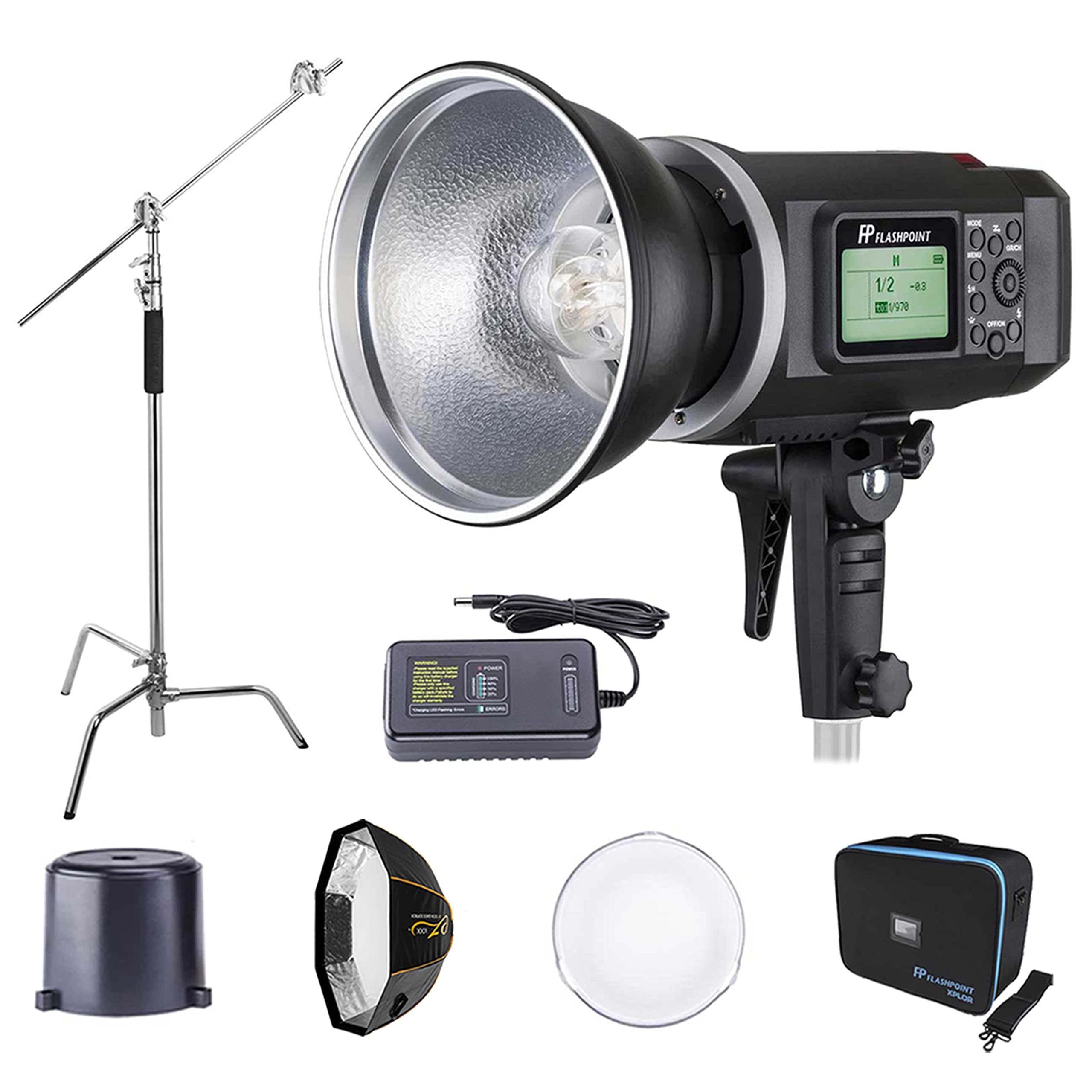 Flashpoint XPLOR 600 HSS R2 Battery Powered Studio Flash Strobe Light Photography Kit w/Built-in R2 2.4GHz, Bowens Mount, 600Ws, 8700mAh Battery, Bundle w/C-Stand and EZ Lock 44in OctaBox