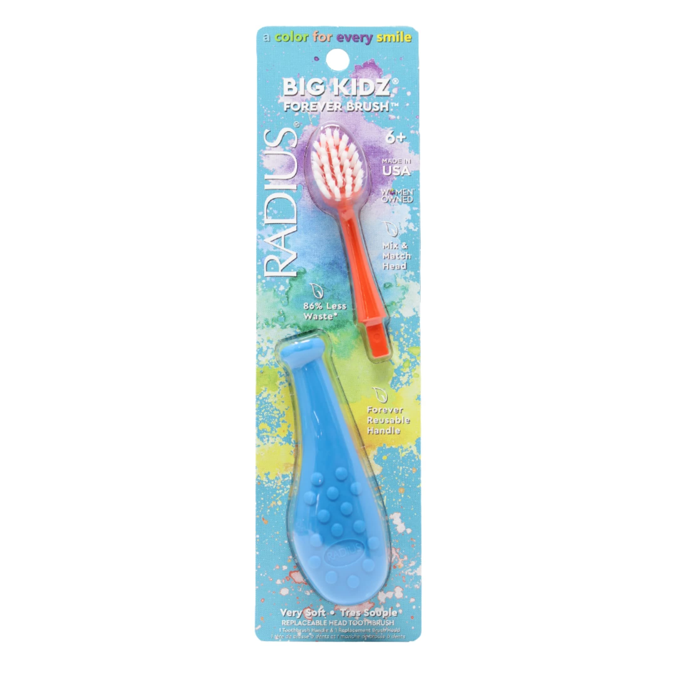 Big Kidz Forever Brush with Replaceable Head Toothbrush for Children, 6 Years and Up, BPA Free ADA Accepted for Growing Teeth and Gums - Right and Left Handed, Extra Soft