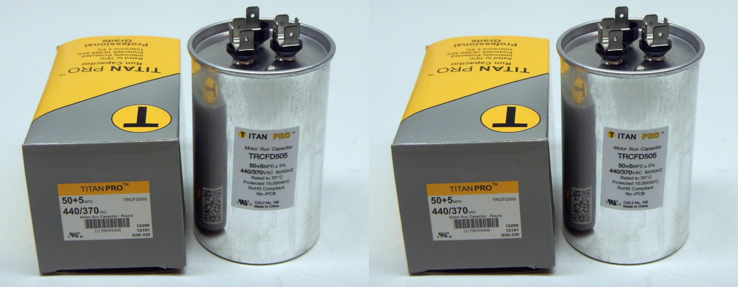Generic 2 Pack Titan Pro TRCFD505 50/5 MFD 50 + 5 HVAC Round Dual Motor Run Capacitor 50/5 MFD/UF440/370 Volts for Central AIR CONDITIONERS A/C Packard