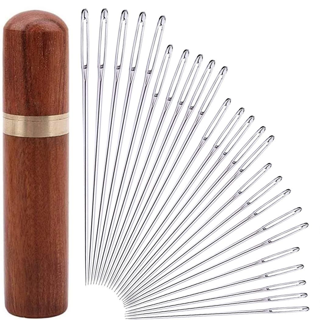 25Pieces Hand Sewing Big Eye Needles Sharp Needle，with Solid Wood Needle Case for