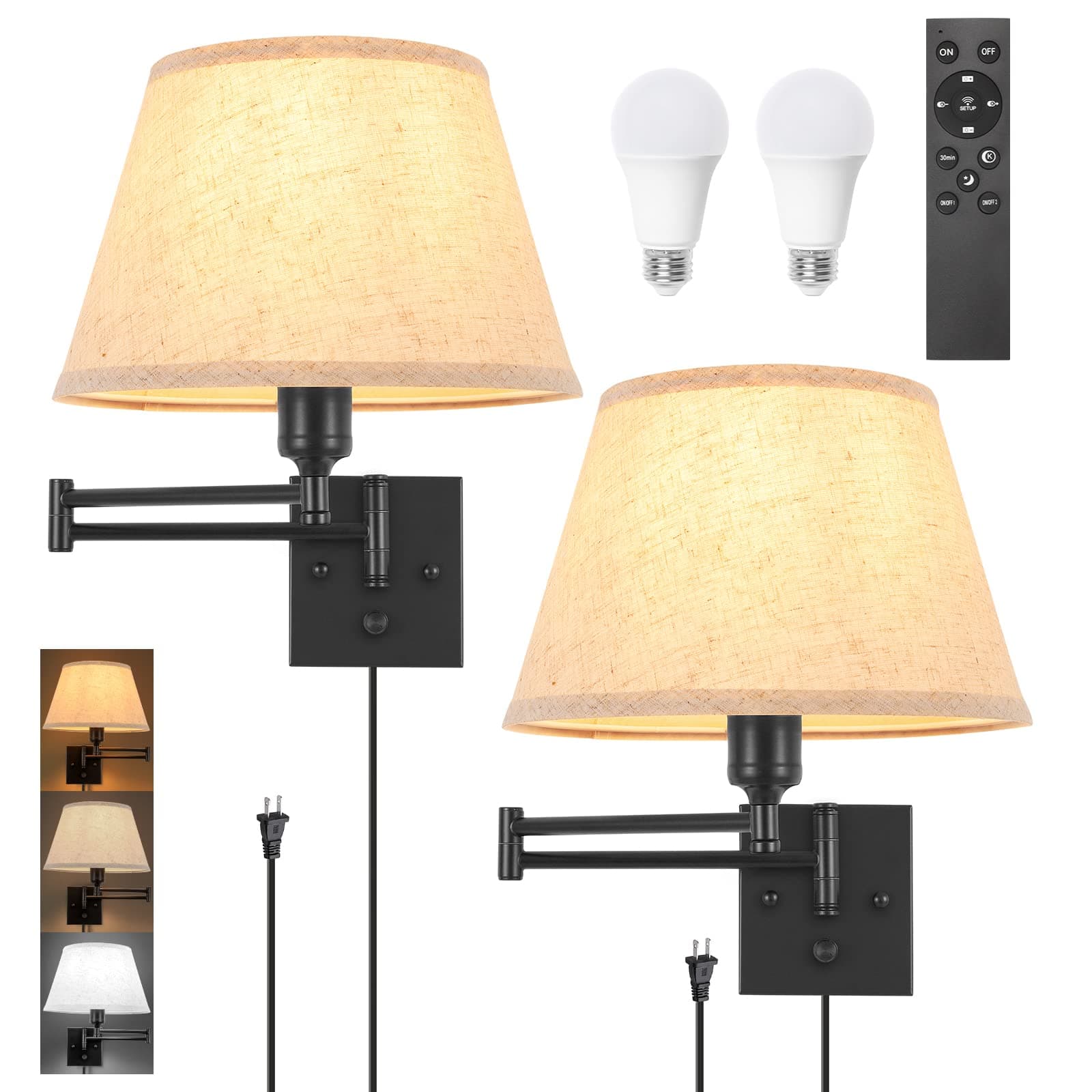 TRLIFE Wall Sconce Plug in, Remote Control Dimming 10-100% and Adjustable Color Temperature 2700K-6500K Swing Arm Wall Lights with Plug in Cord, 11.8" Large Beige Fabric Shade(2 Pack, 2 Bulbs)