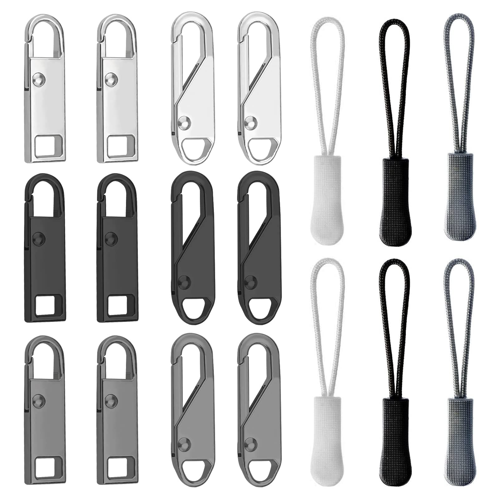 18pcs Zipper Pull Replacement Metal Zip Gripper Mend Fixer Zip Tab Puller Zip Tab Cord Puller Extension, for Suitcases Coats Boots Jackets Backpacks Tents(3 Types, 3 Colors)