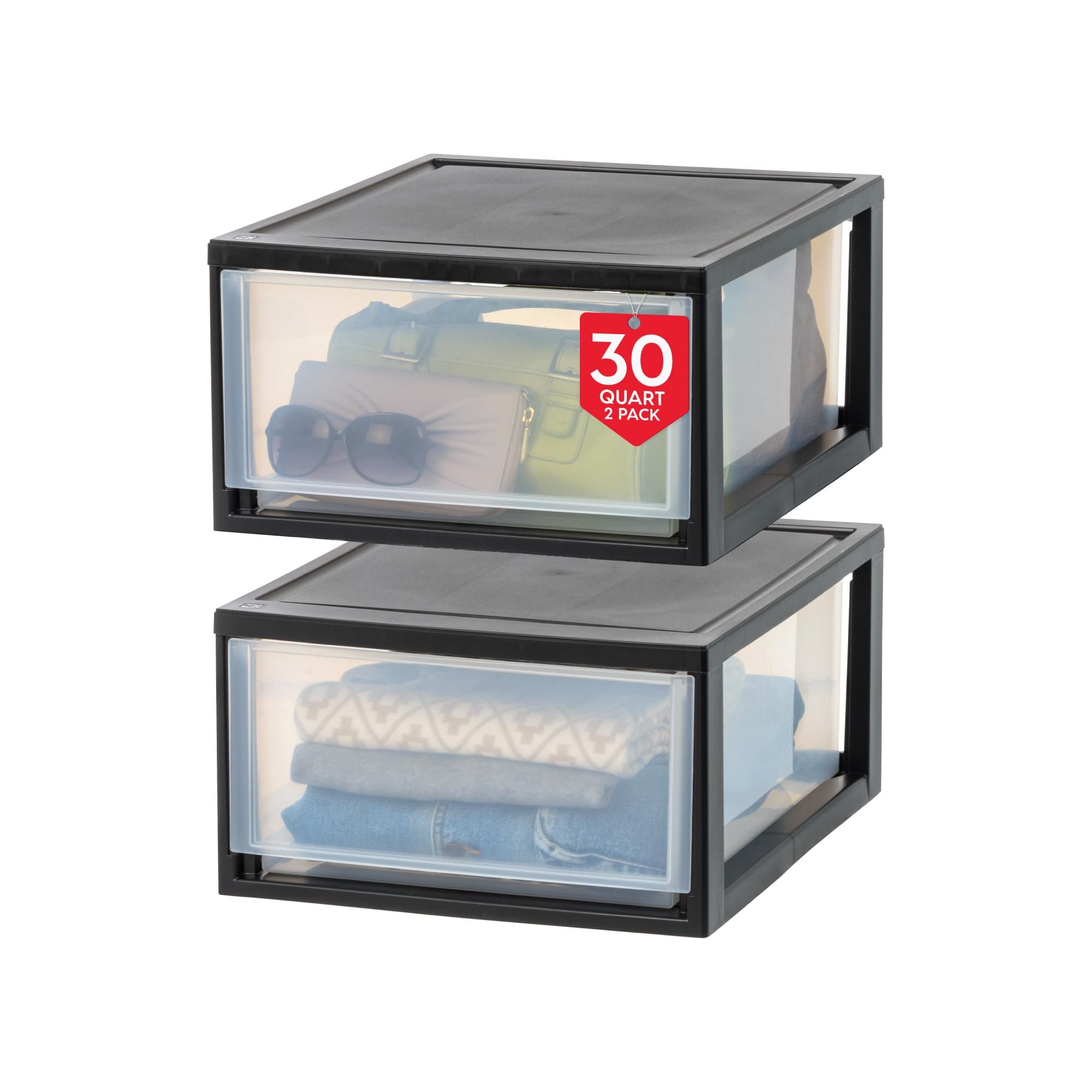 IRIS USA2 Pack 29.5Qt Plastic Stackable Storage Drawers, Black