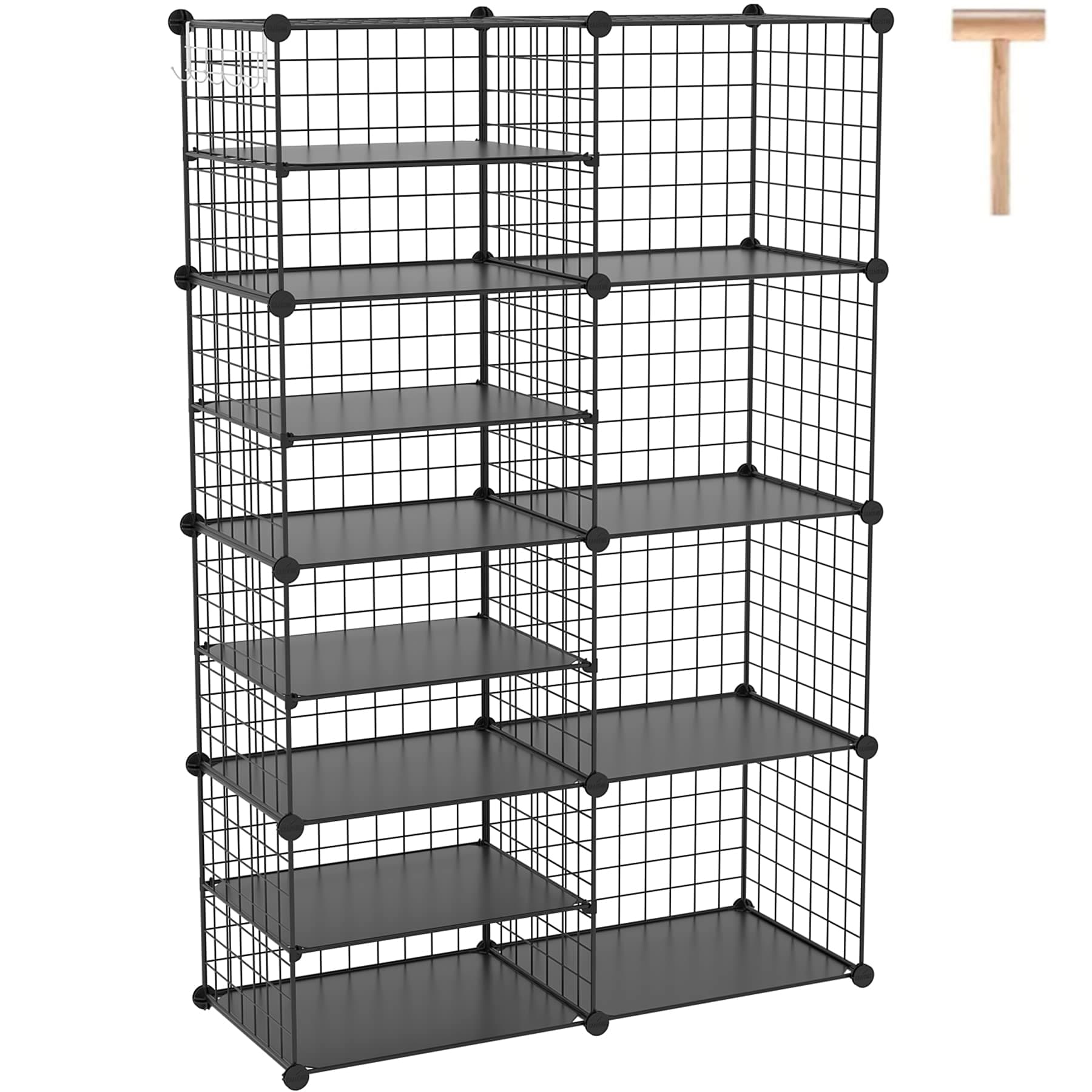 Wire Cube Storage Unit, Interlocking Metal Wire Organizer with Divider Design, Modular Cabinet with Plastic Panels, Bookshelf Stackable Closet Organizer with Small Hooks, Black UWCSIM08B
