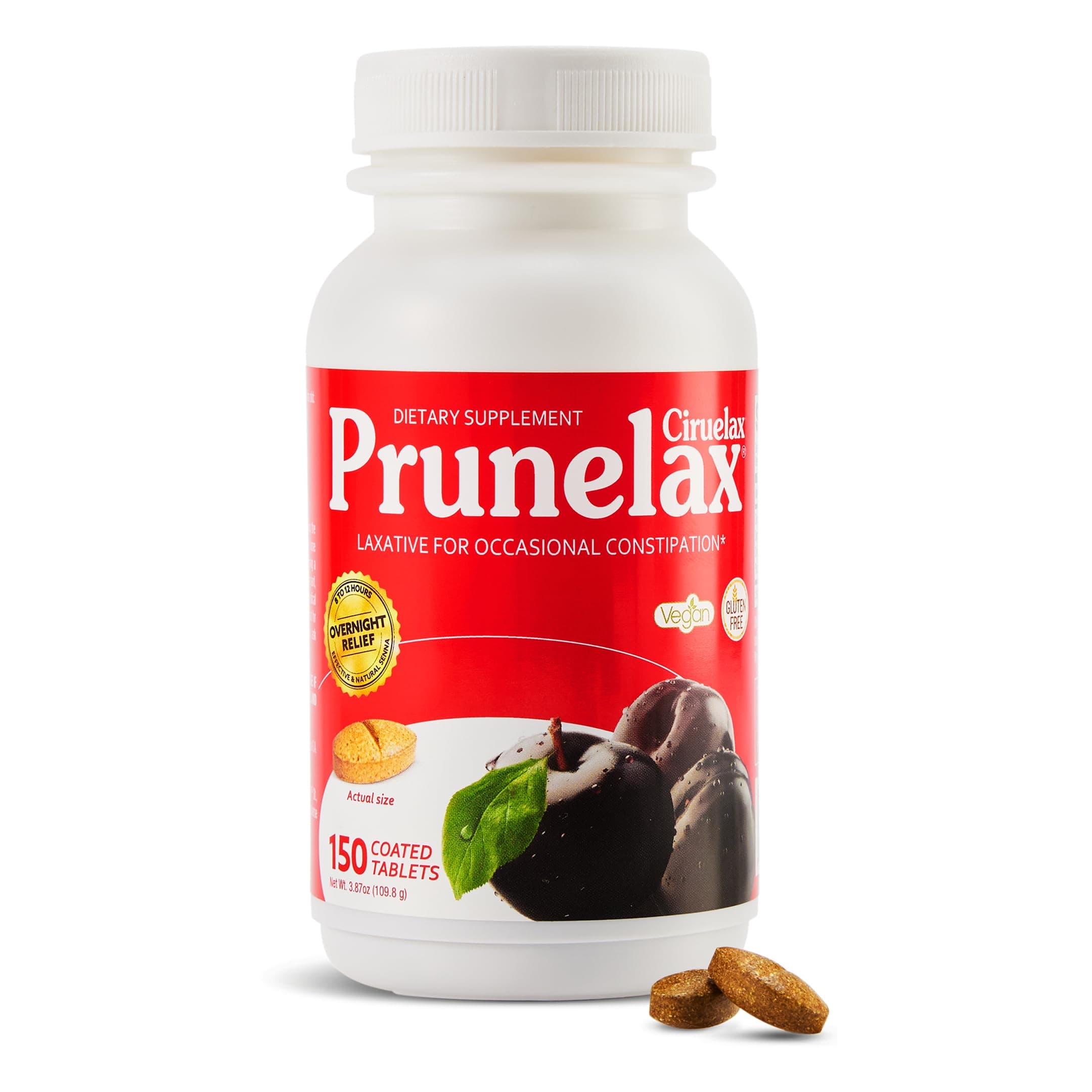 Prunelax Natural Laxative Regular Strength Tablets – Safe, Gentle, Predictable Overnight Relief with Prune & Senna Leaf Extracts, 8-12 Hr Fast-Acting, 150ct