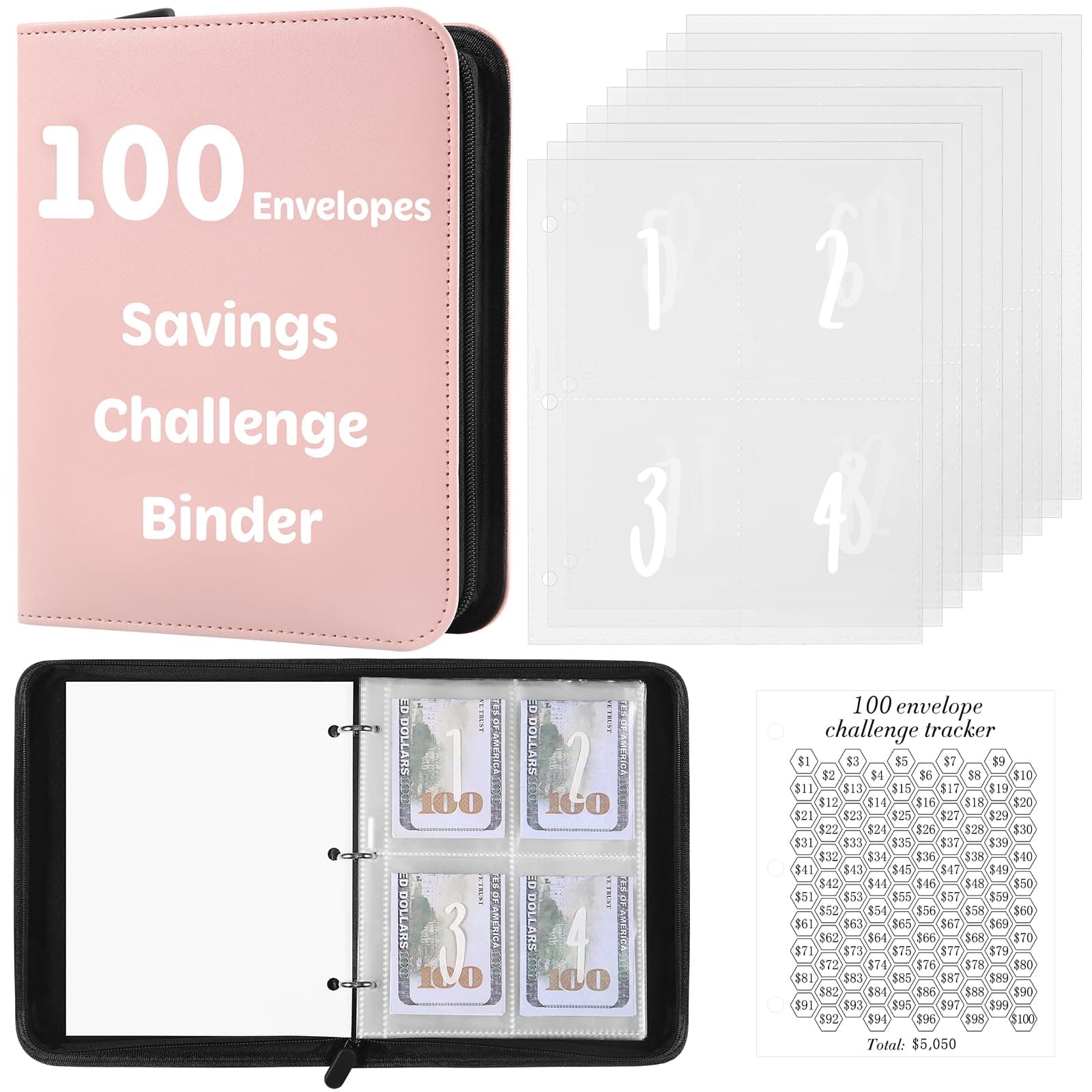 100 Envelopes Money Saving Challenge Binder with Laminated Tracker, Money Saving Challenge Budget Binder with Cash Envelopes, Savings Challenge Book with Zipper to Save $5,050 (Pink)