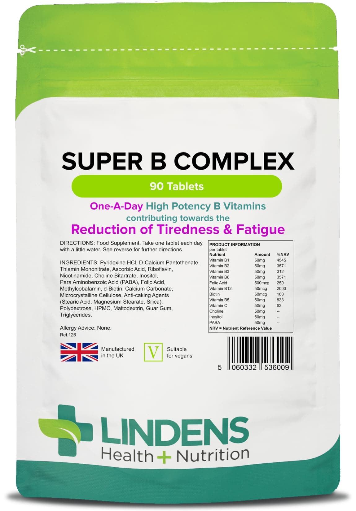 Super B Complex Tablets - 90 Pack - UK Made - 3 Months Supply with a Full Spectrum of B Vitamins and Vitamin C - Reduces Tiredness and Fatigue - Letterbox Friendly, Vegan