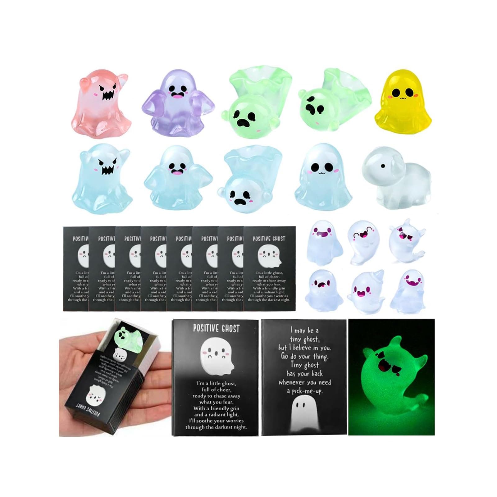 Glow in The Dark Mini Ghost Figures with Box, Small Resin Ghost Miniature,Light-Up Ghost Figurines with Thank You Cards, Cute Luminous Tiny Ghosts for Halloween Baskets & Party Favors