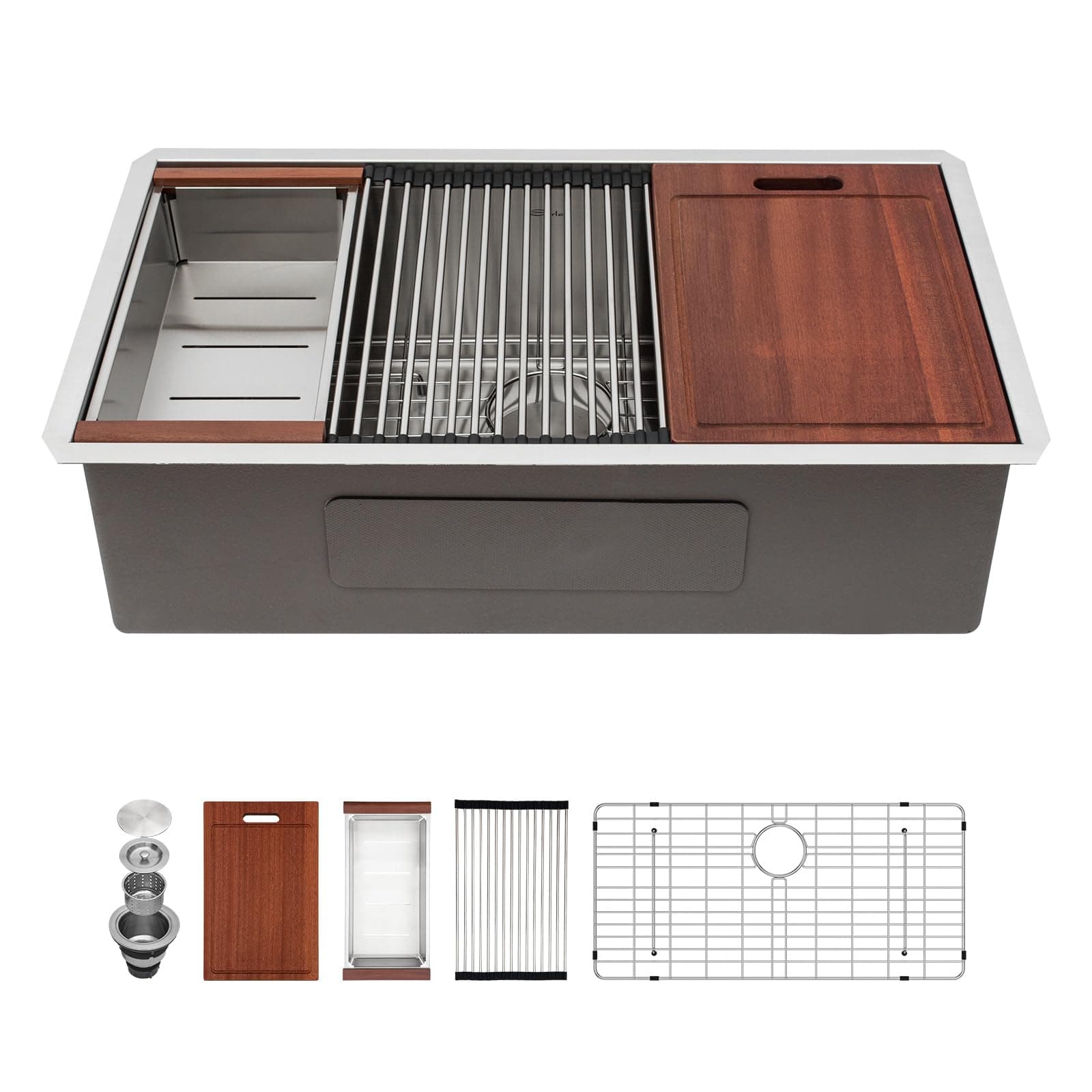 Sarlai 30 Kitchen Sink Undermount — 30 inch Undermount Sink Ledge Workstation 16 Gauge Stainless Steel Single Bowl Rectangular Under Counter Kitchen Sink with Accessories