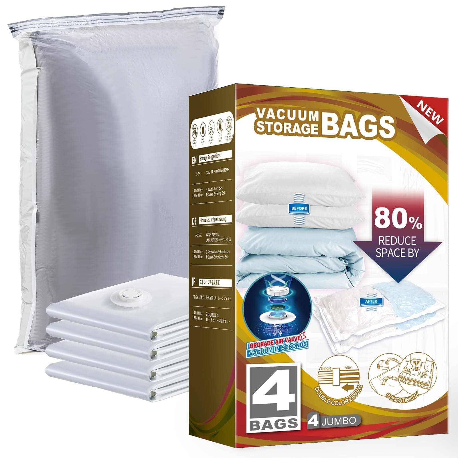 TAILI Compression Bag, Clothes Compression Bag, 4 Pieces, Futon Compression Bag, Vacuum-Packed, Compression Storage Bag, Vacuum Cleaner, Dustproof, Moisture-Proof, Mildew, Mite-Resistant, Mattress,