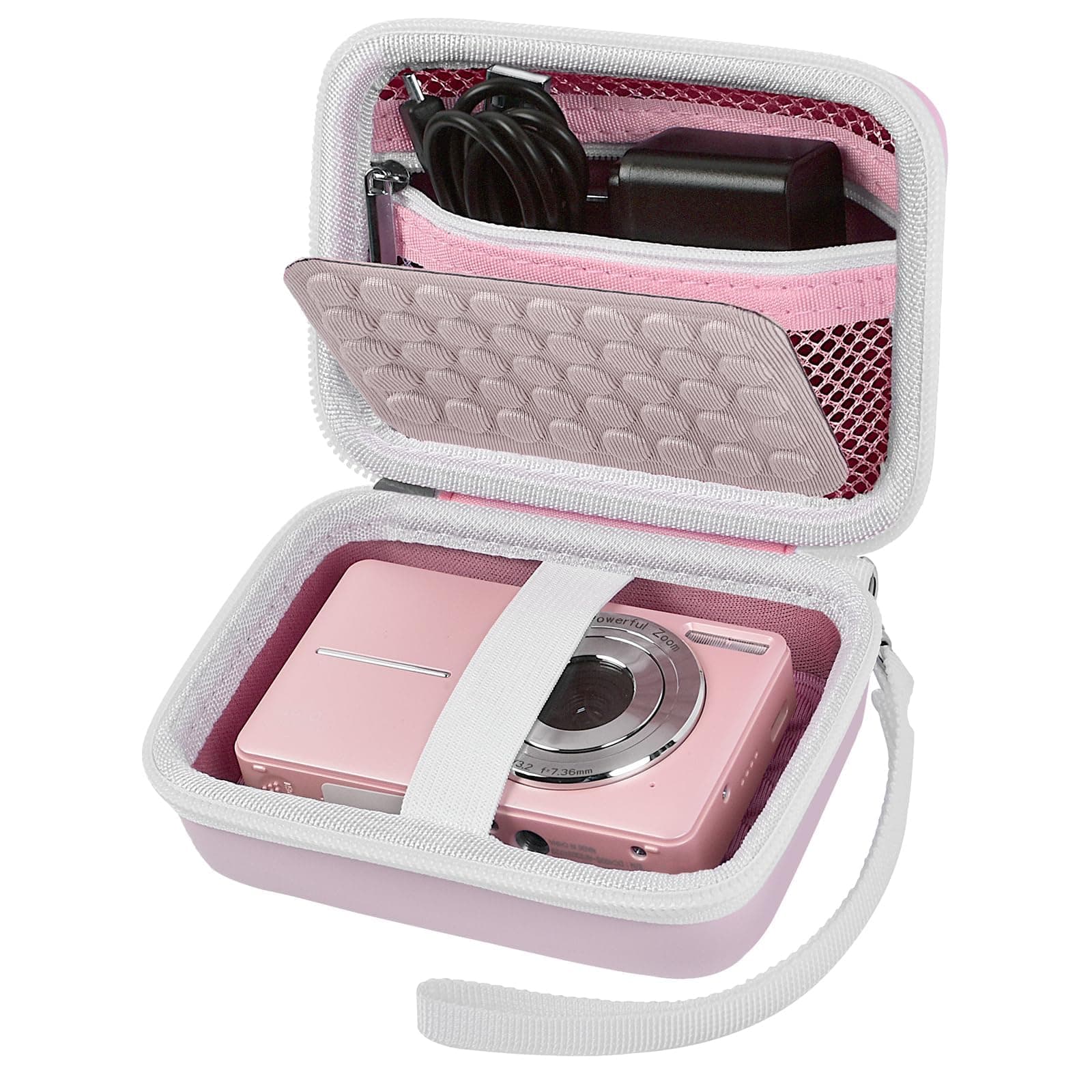 Digital Camera Case with Shockproof Bumps, Travel Carrying Case Compatible with KODAK PIXPRO FZ45 FZ55, for CAMKORY, for Canon IXUS, Compact Storage Bag for Kids Vlogging Gear & SD Card-Pink