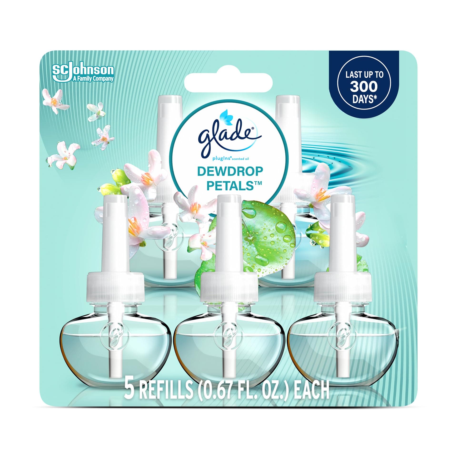 Glade PlugIns Refills Air Freshener, Dewdrop Petals, Scented and Essential Oils for Home and Bathroom, 0.67 Fl Oz, 5 Count
