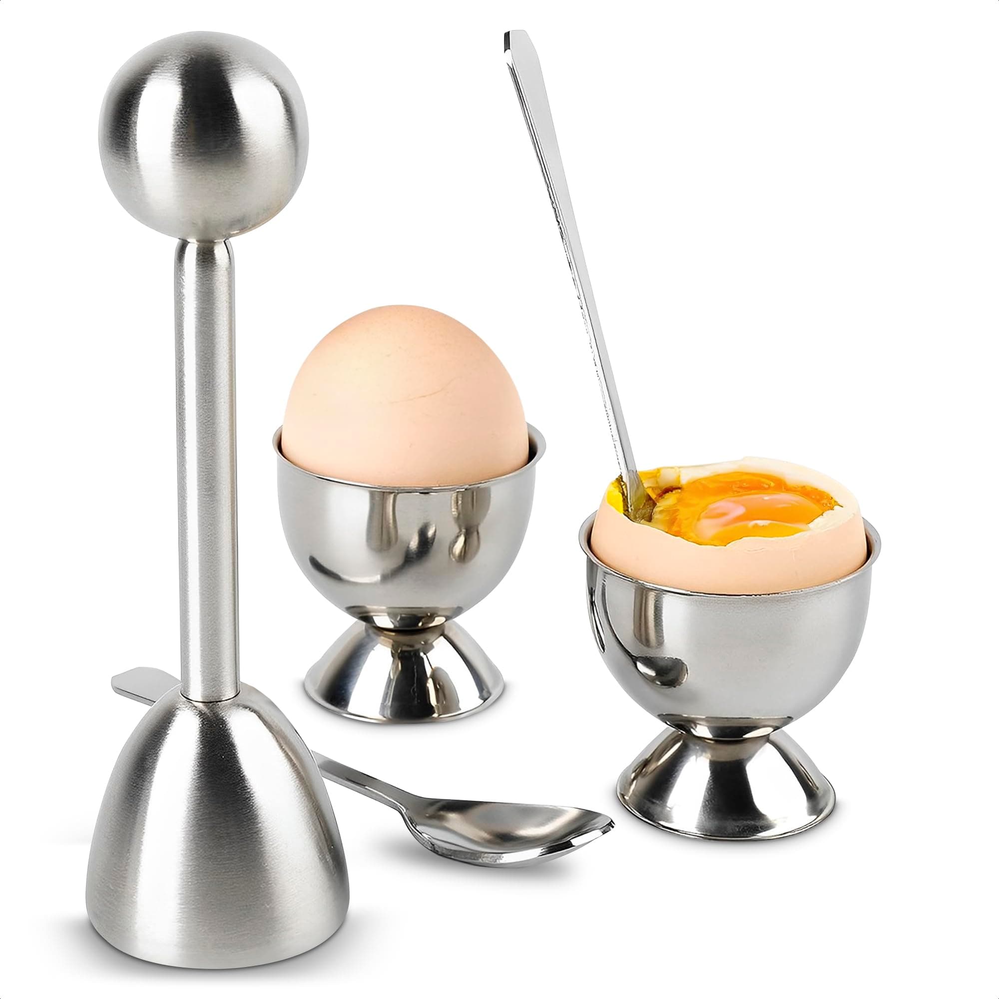 Egg Shell Opener Set – 2 Pcs Egg Cups for Soft Boiled Eggs & Hard Boiled Eggs, 2 Pcs Spoons, Stainless Steel Build, Fits Most Shell Sizes – Ergonomic Design with Adjustable Effort for Precise Cracking
