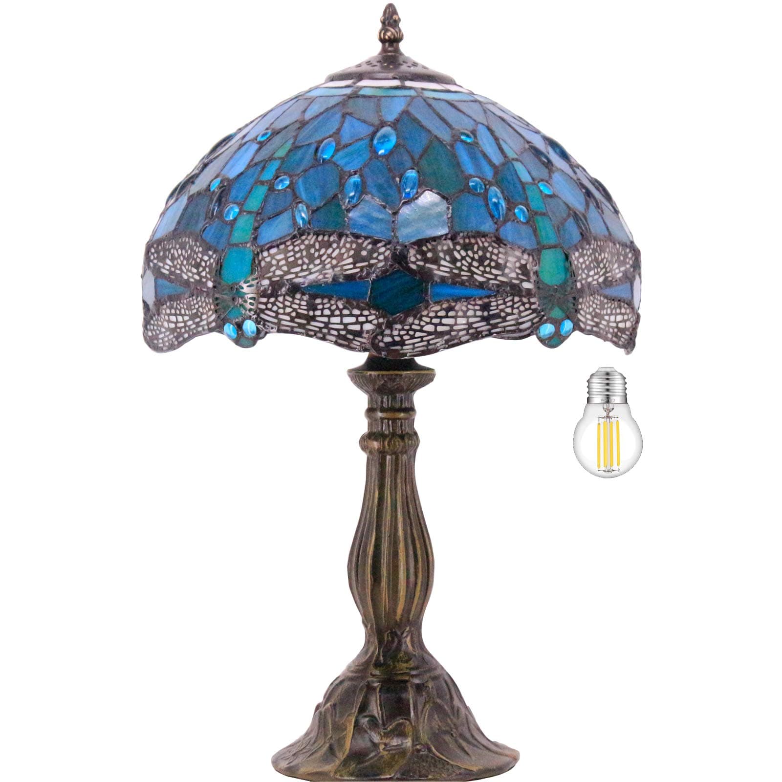 Tiffany Lamp Green Blue Stained Glass Dragonfly Style Bedside Table Lamp Desk Reading Light 12X12X18 Inches Decor Bedroom Living Room Home Office S622 Series