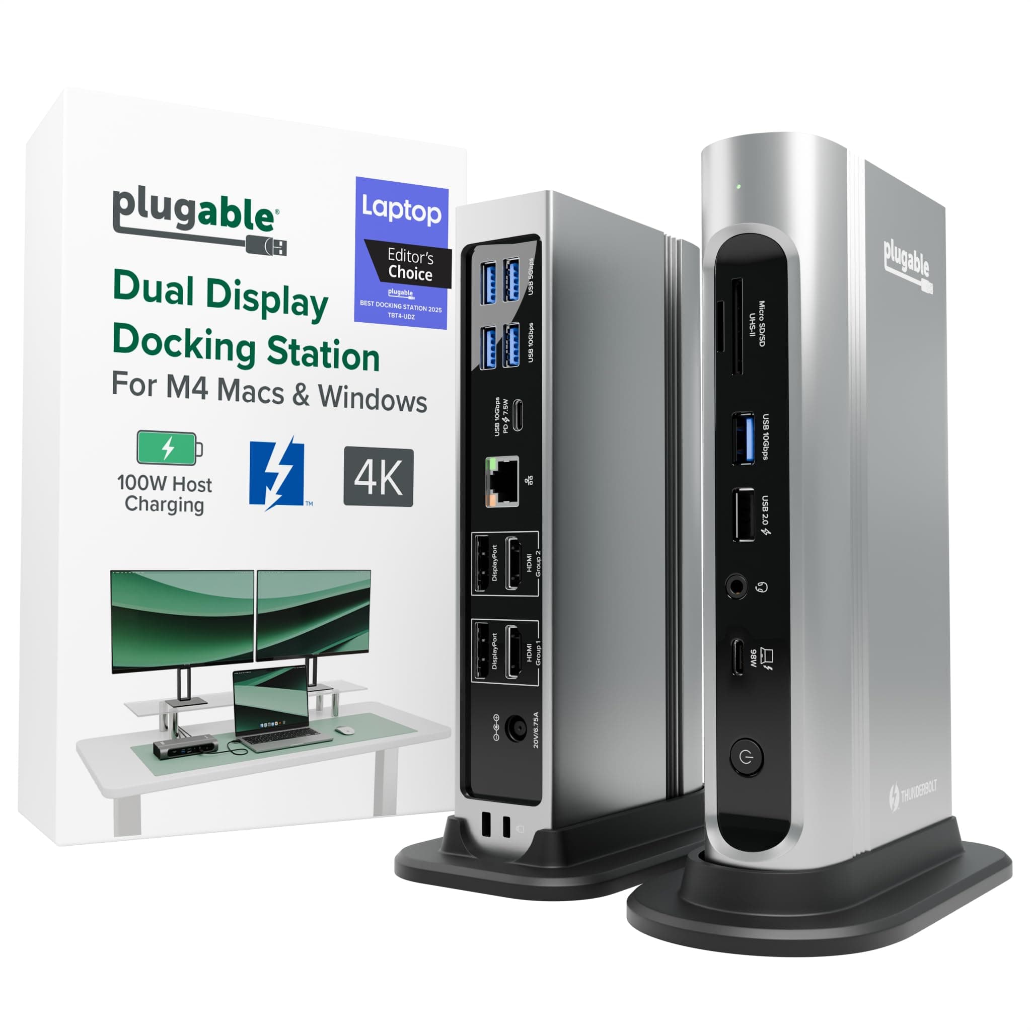 Plugable 16-in-1 Thunderbolt 4 Dock with 100W Charging, 4K Quad Monitor Setup for Windows Laptops, Thunderbolt Certified Dock with 2x HDMI, 2x DisplayPort, 2.5G Ethernet, 7x USB, SD, Silver