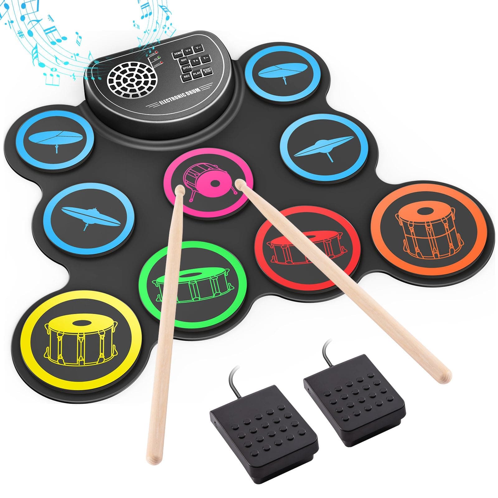 Sboet - Electronic Drum Set, 9 Practice Pad With Headphone Jack, Roll Up Kit Machine Built-In Pedals And Sticks 10 Hours Of