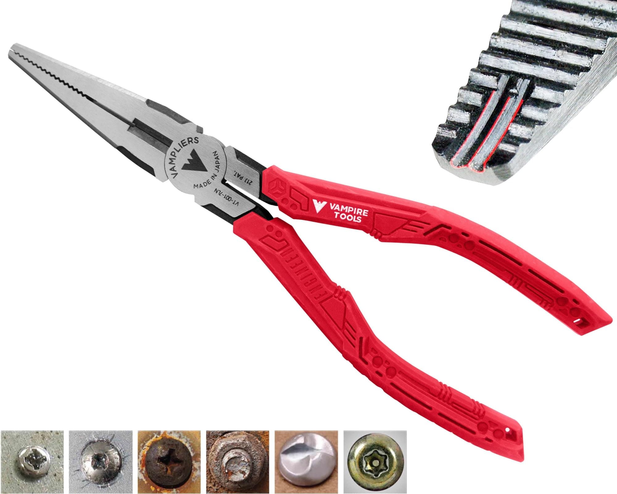 VAMPLIERS 7.5" Stripped Screw Extractor Needle Nose Pliers. Made in Japan. Time-Saving Long Nose Screw Removal Plier for Removing Damaged Fasteners in Confined Spaces.