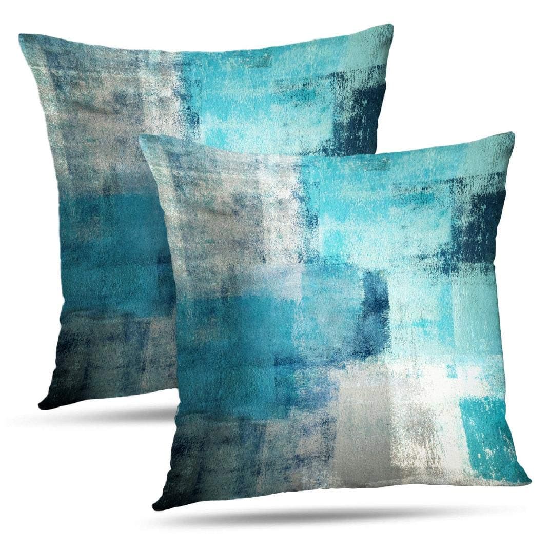 Set of 2 Turquoise and Grey Art Artwork Contemporary Decorative Gray Home Decorative Throw Pillow Covers Cushion Covers for Bedroom Sofa Living Room 18X18 Inches