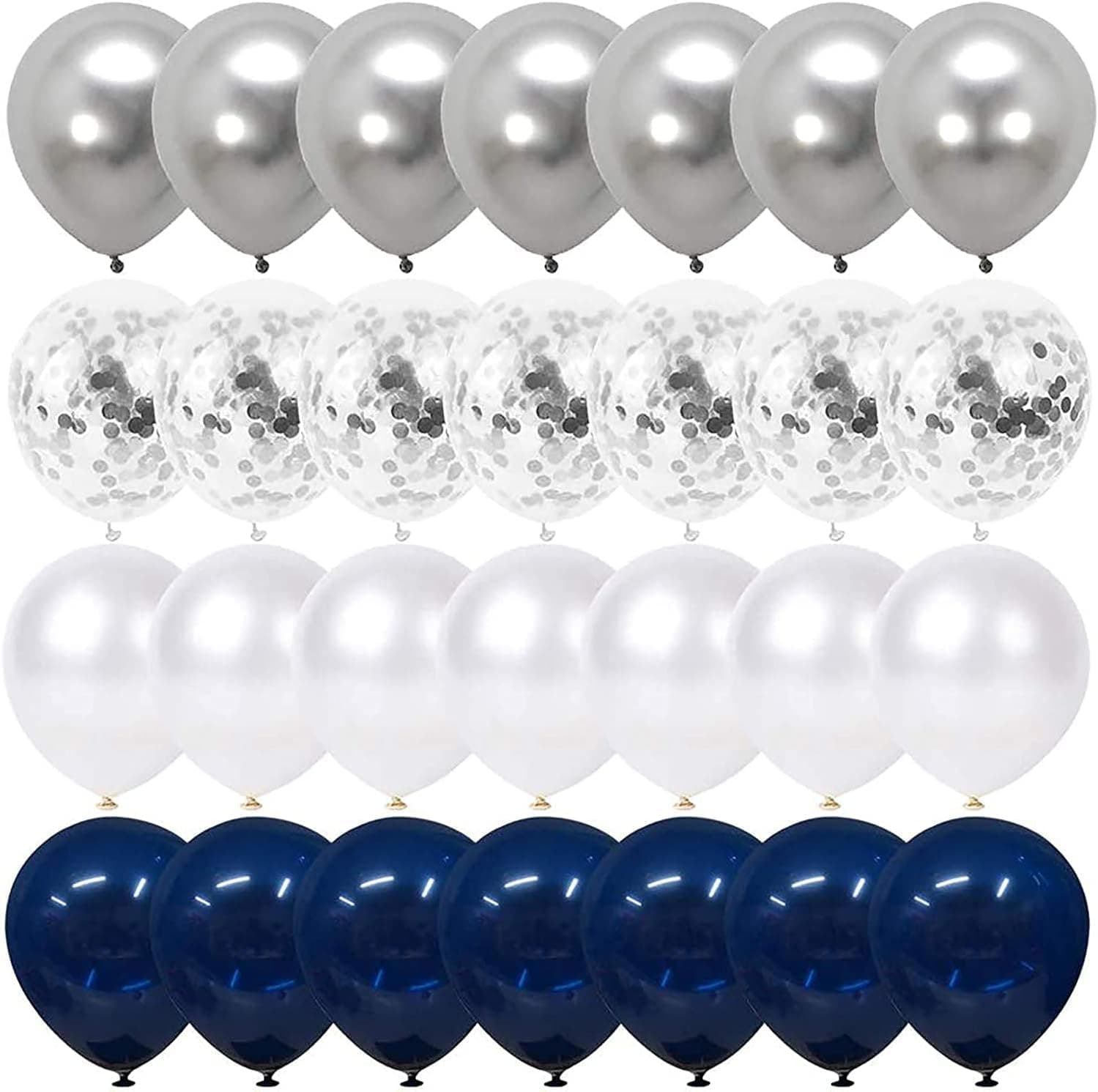 Navy Blue and Silver Confetti Balloons 50 pcs, 12 inch White Pearl and Silver Metallic Chrome Party Balloons for 2026 Graduation Party Decorations