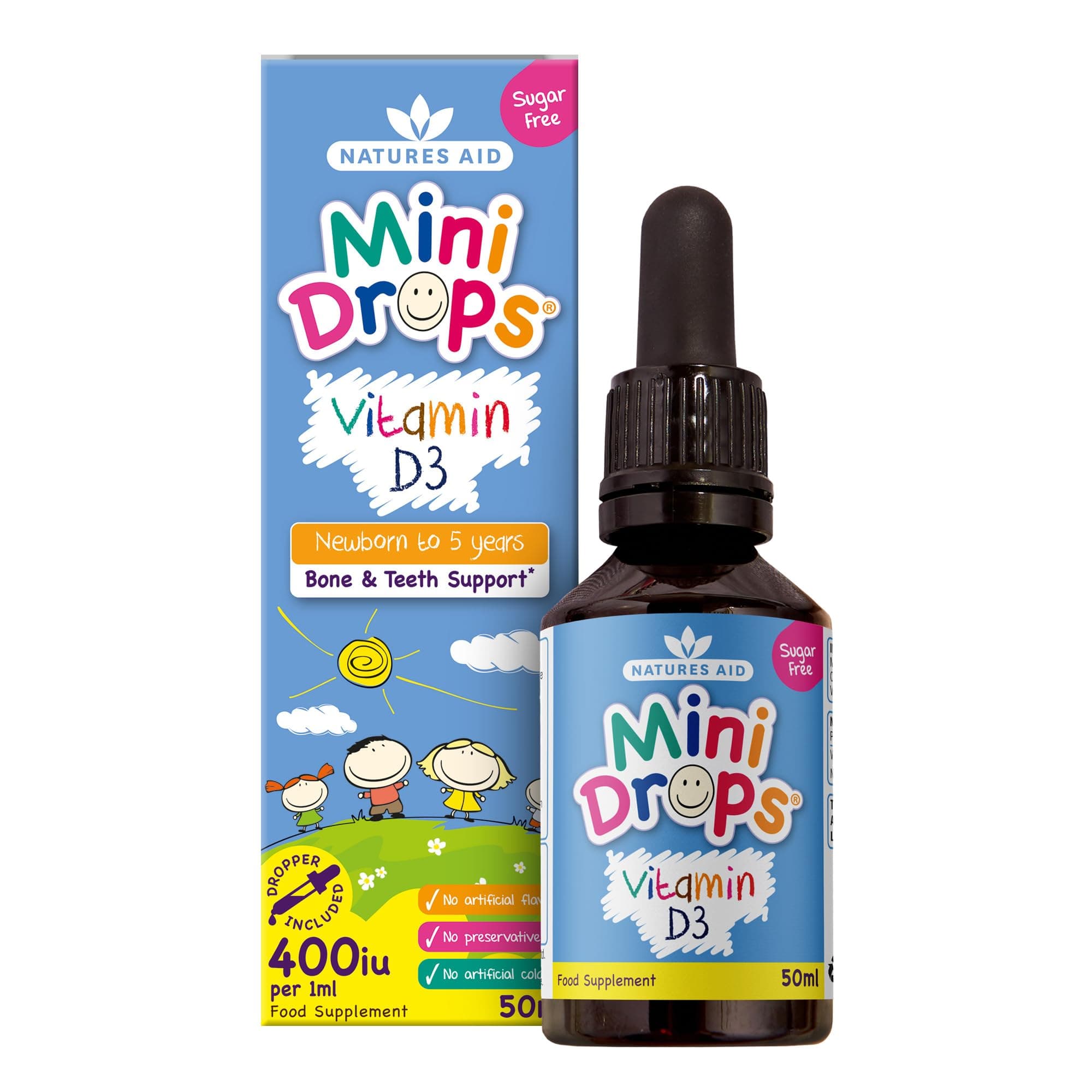 Mini Drops Vitamin D3 50ml for Infants & Kids - Bone, Teeth, Health & Immune System Support - Sugar Free, Vegan, Gluten-Free, Non-GMO - Growth Support for Children Age 0-5 Dropper Included