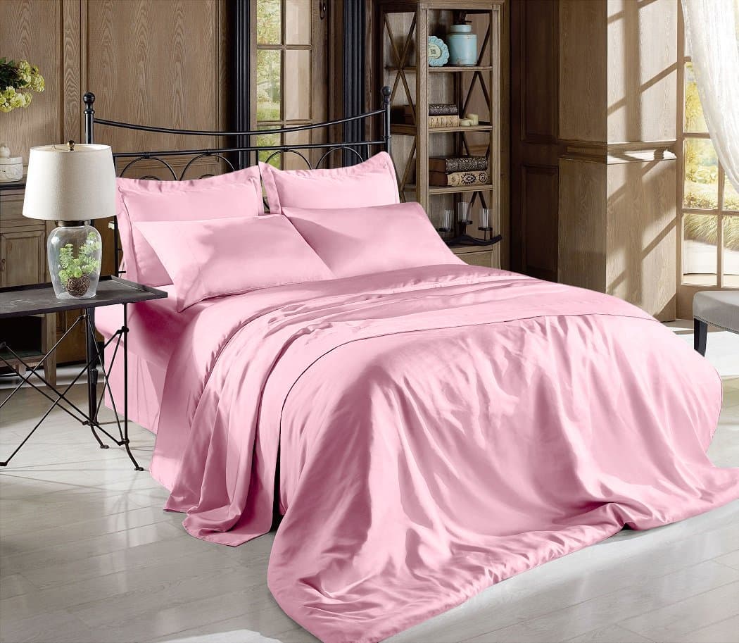 Hight Thread Count Solid Color Soft Silky Charmeuse Satin Luxury and Super Soft Bed Sheet Set (Pink, Queen)