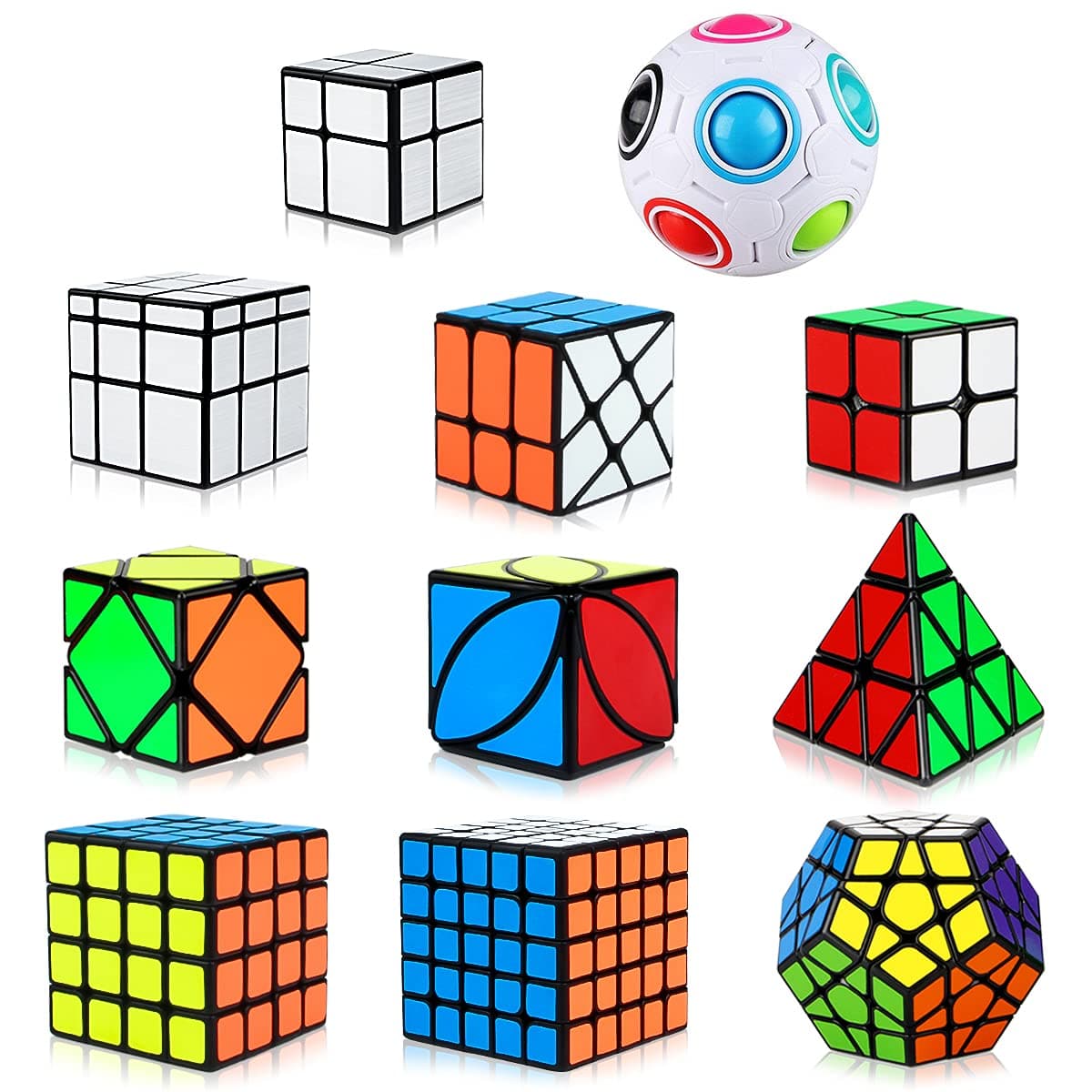 Dreampark Speed Cube Set, 12 Pack Cube Bundle Pyramid Cube 2x2 4x4 5x5 Megaminx Skew Ivy Mirror Cube Magic Rainbow Ball Smooth Sticker Puzzle Cubes Collection for Kids
