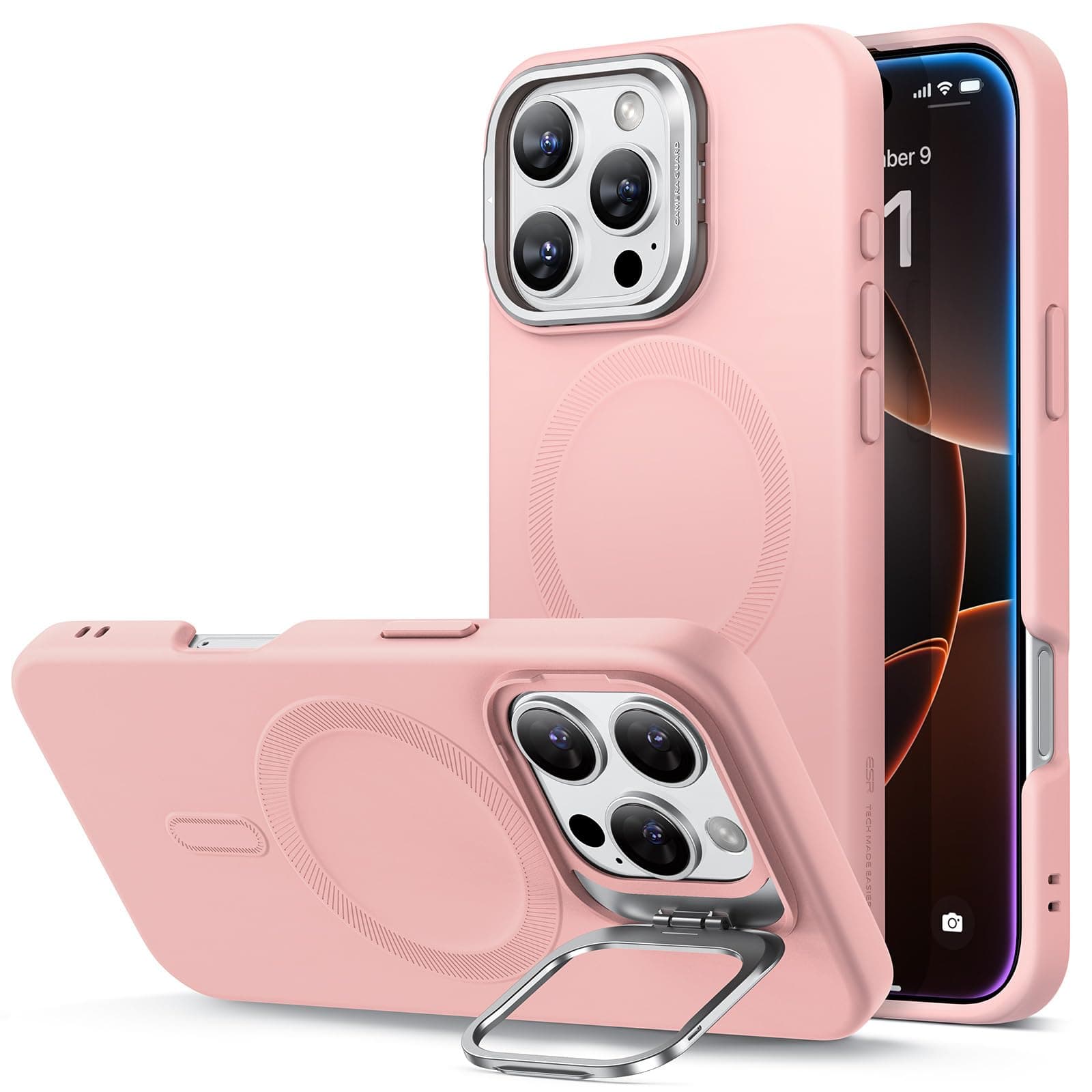 for iPhone 16 Pro Case, Silicone Case with Stand, Compatible with MagSafe, Military-Grade Protection, Built-In Camera Stash Stand, Magnetic Phone Case for iPhone 16 Pro, Cloud Series, Pink