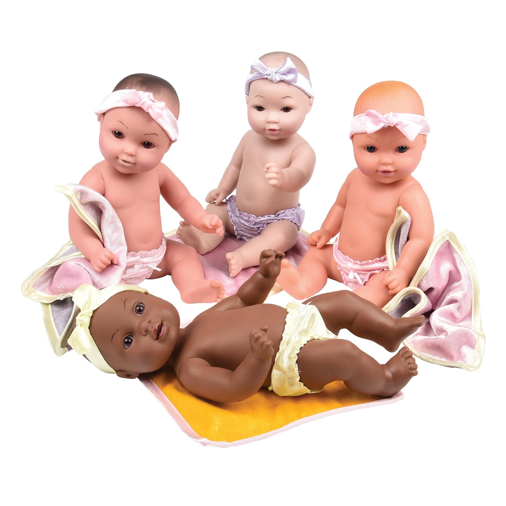 U. S. Toy Constructive Playthings Tender Touch 12" H Multicultural Baby Doll Toys Set with Blankets, Headbands, and Panties, Set of 4 Diverse Baby Dolls for Kids, Multicolor
