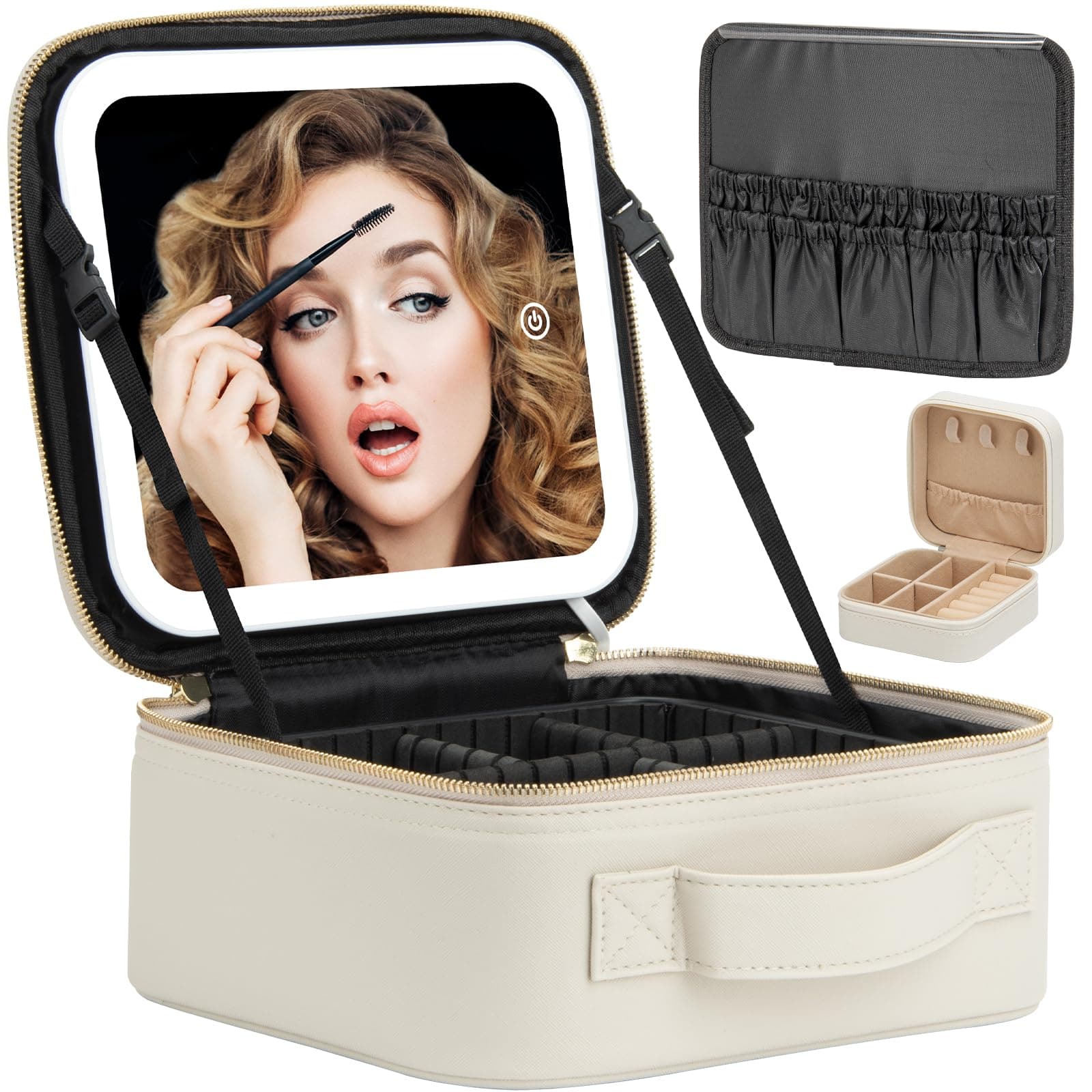 Makeup Travel Train Case with Mirror LED Light 3 Adjustable Brightness Cosmetic Bag Portable Storage Adjustable Partition Waterproof Makeup Brushes Makeup Jewelry Gift for Women (Light Gray)