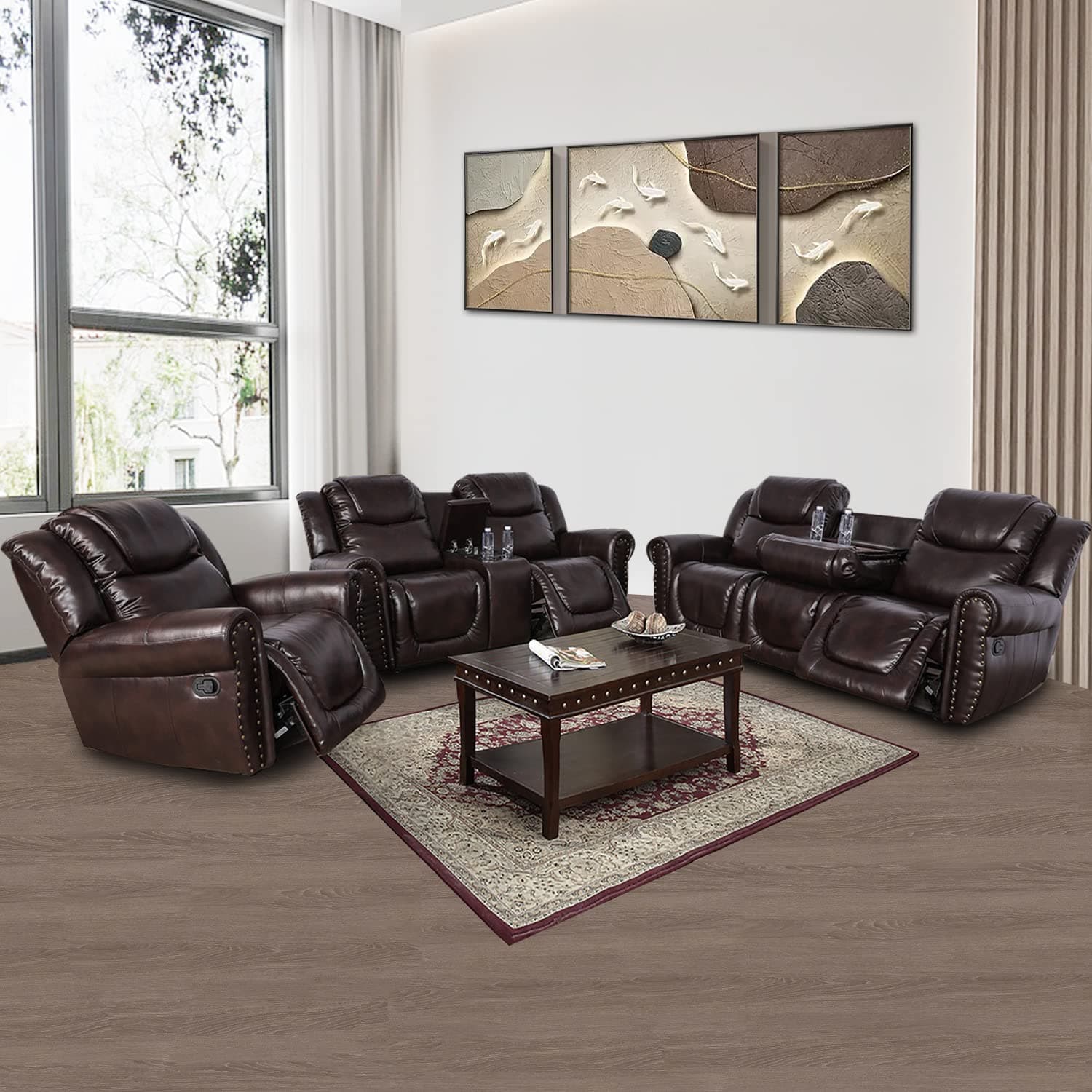 Manual Leather Recliner Sofa Set, Living Room Furniture Set,Leather Sofa set and Recliner couch for Home/Office(Leather Recliner Sofa)Espresso