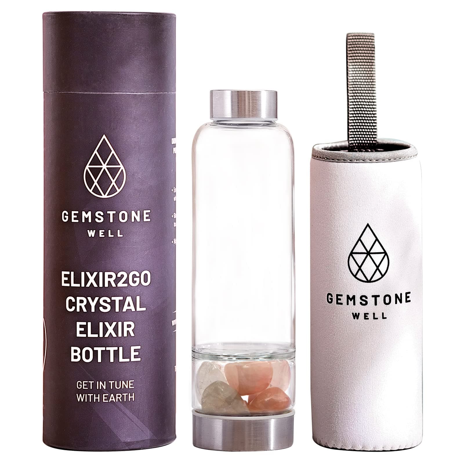Crystal Water Bottle Elixir Set | Genuine Authentic Rose Quartz & Clear Quartz Healing Gemstones | Black Neoprene Sleeve | Drink Gem Infused Water