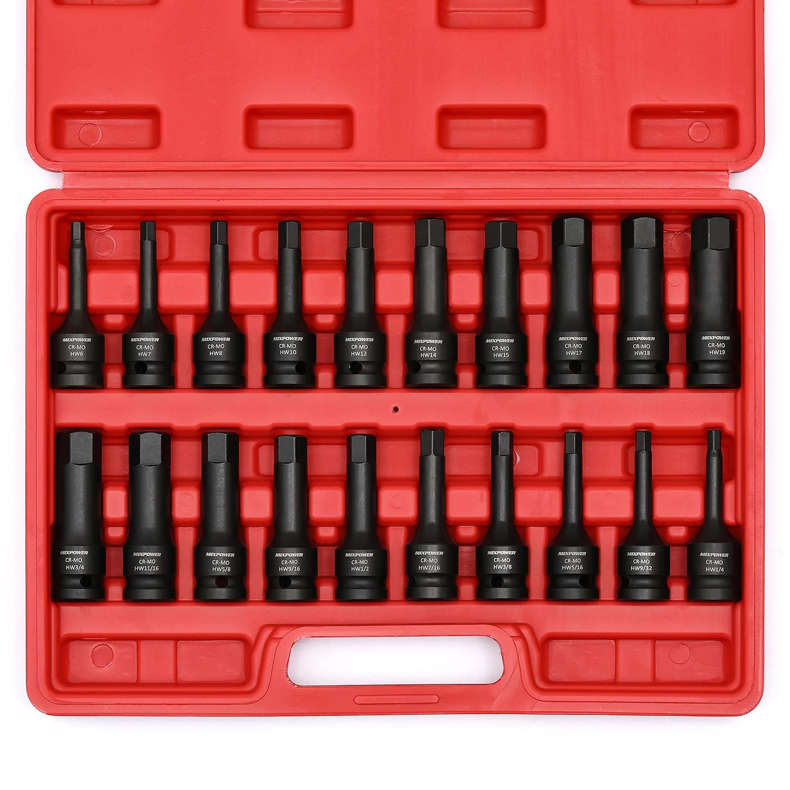 - MIXPOWER 1/2" Drive Master Impact Hex Bit Set, Hex Driver, 20-Piece 1/2" Drive Allen Bit Socket Set, SAE/Metric, 1/4" - 3/4", 6-19mm, Cr-Mo Steel, Impact Grade